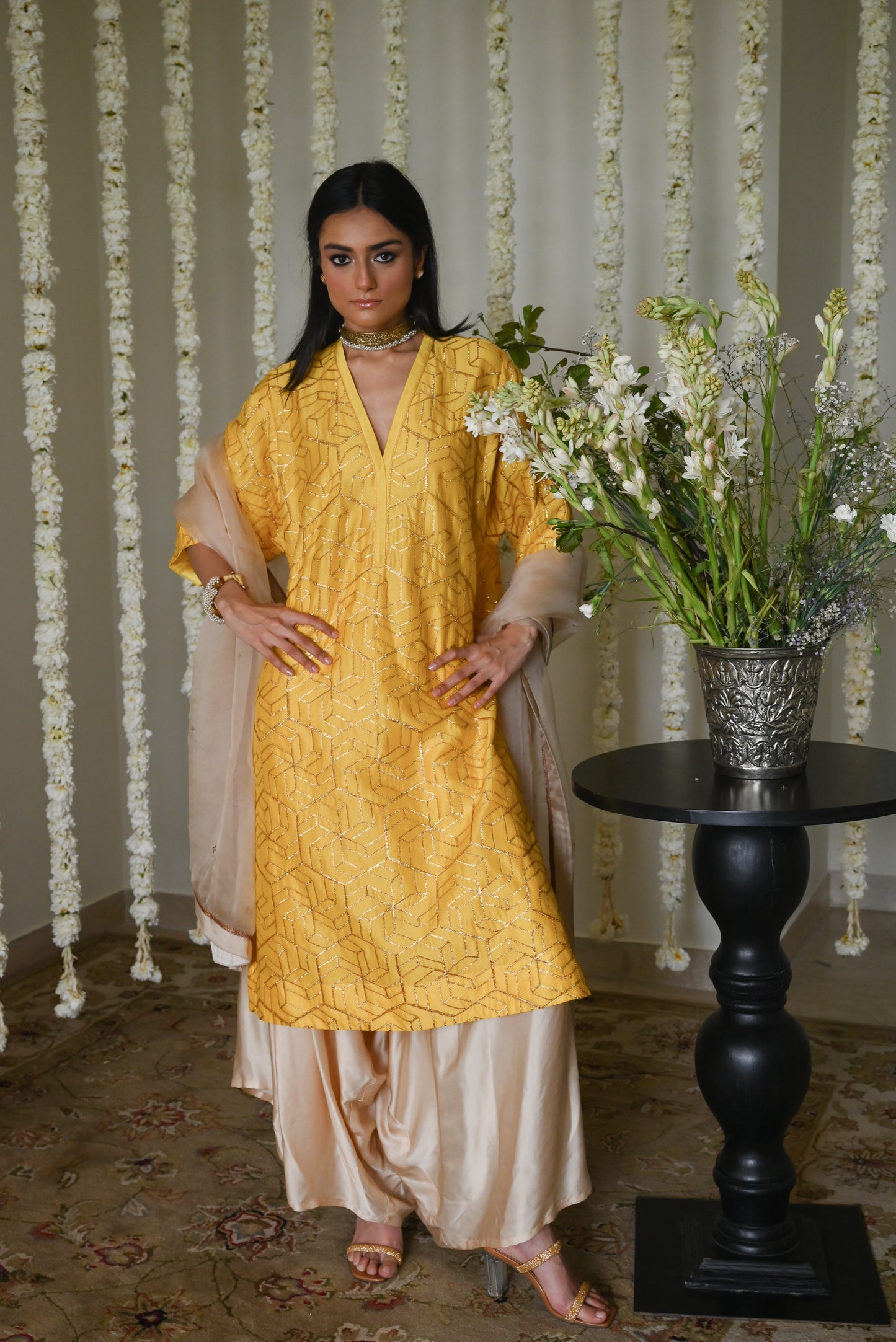 Jodhpur Kaftan in Yellow Octa with Cowl Palazzo