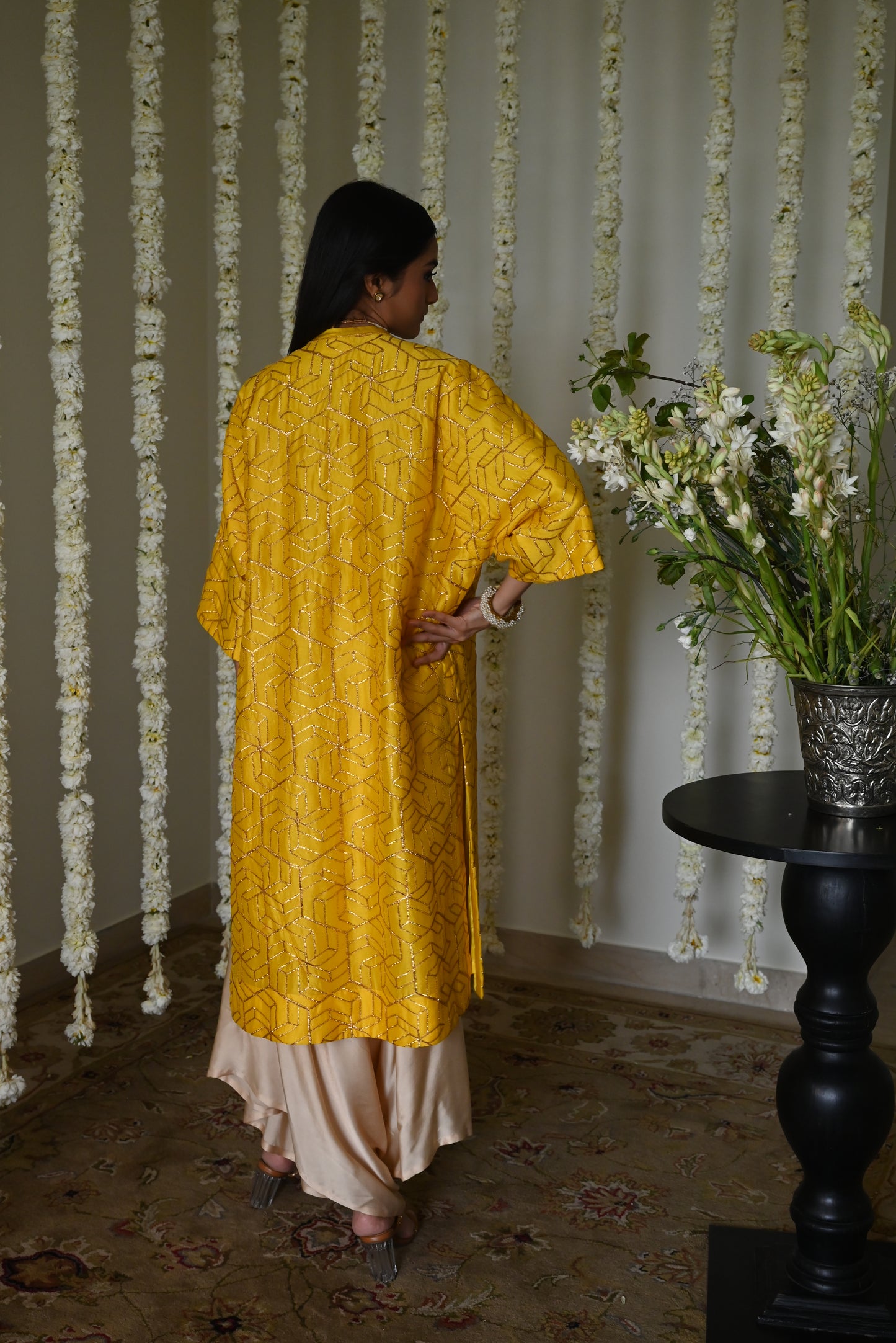 Jodhpur Kaftan in Yellow Octa with Cowl Palazzo
