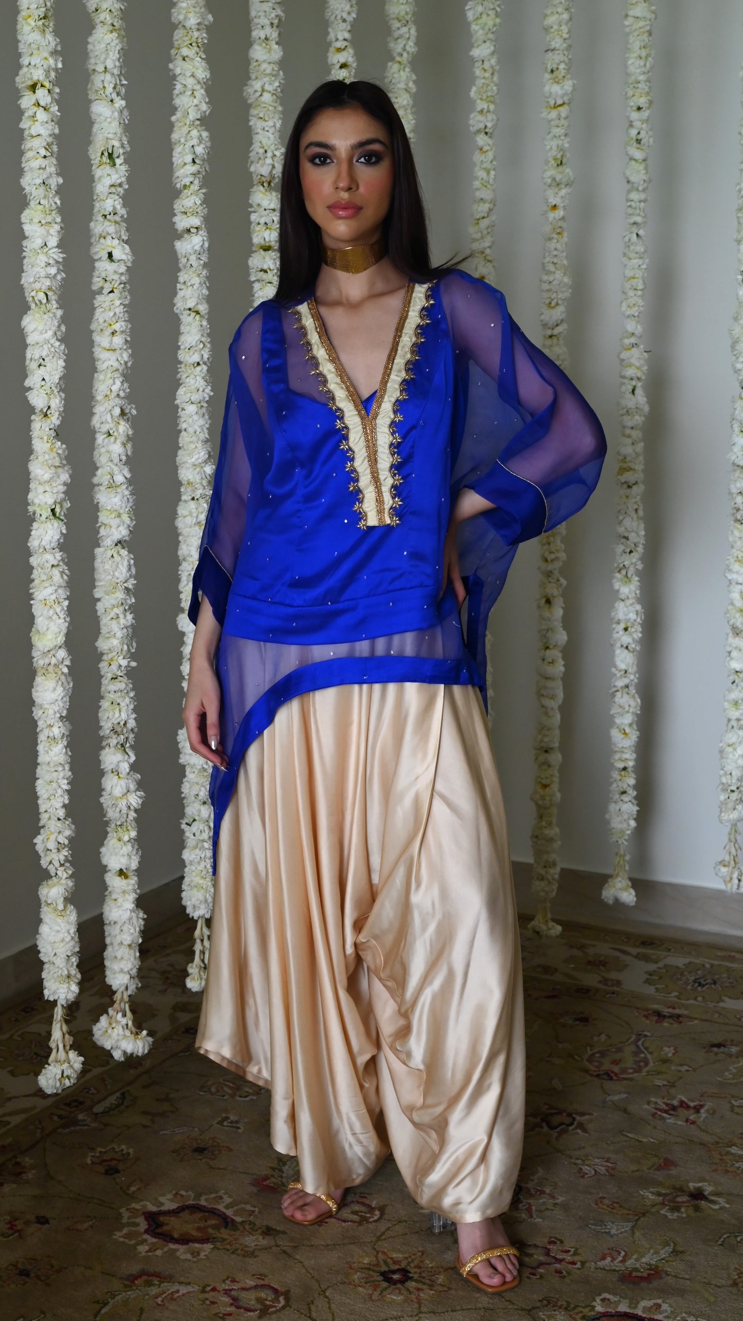 Short Waheeda Kaftan in Royal Blue with Deep Ivory Cowl Palazoo