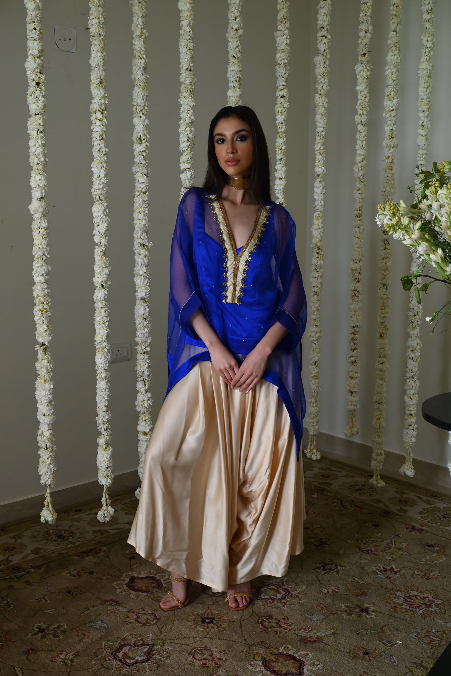 Short Waheeda Kaftan in Royal Blue with Deep Ivory Cowl Palazoo
