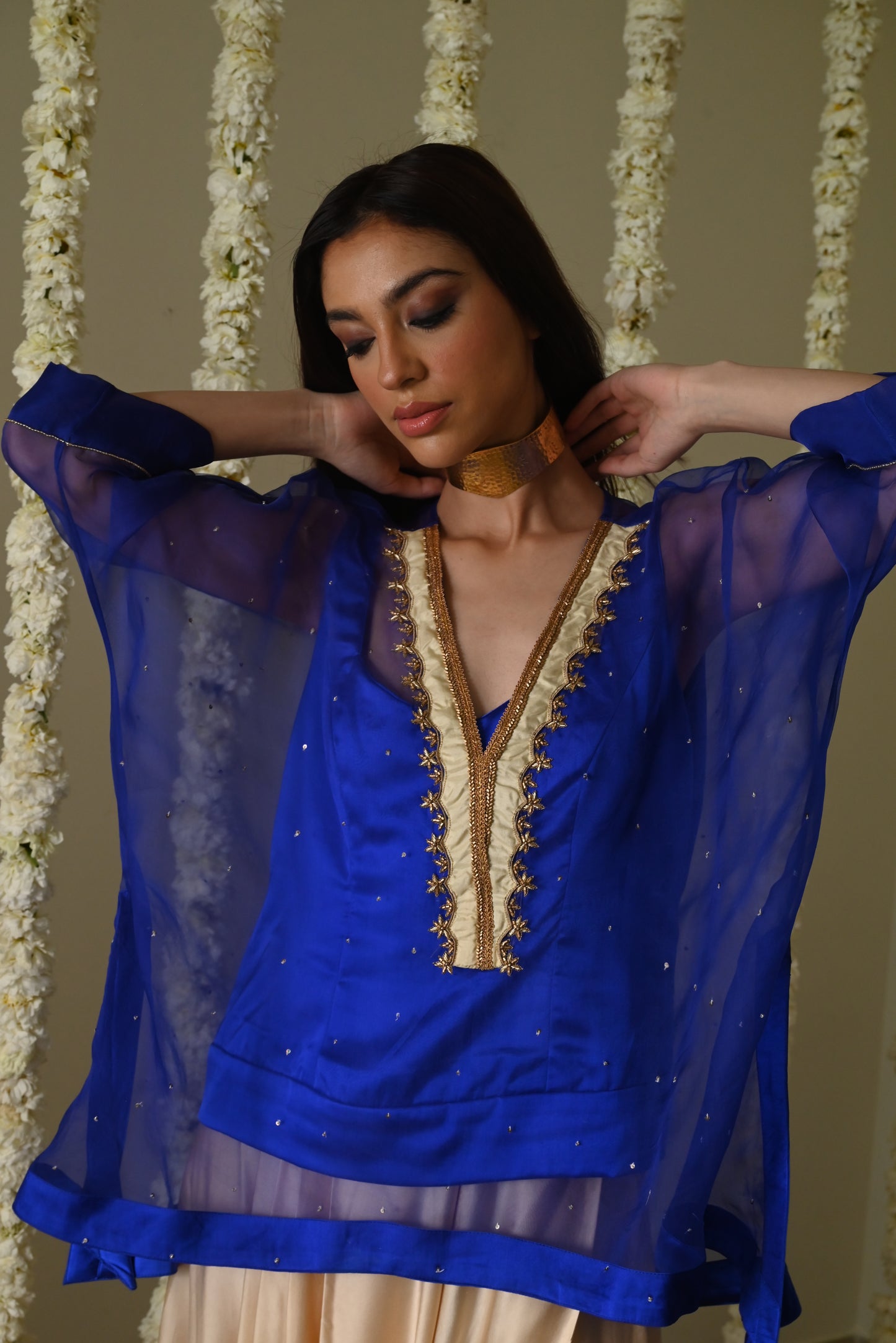 Short Waheeda Kaftan in Royal Blue with Deep Ivory Cowl Palazoo