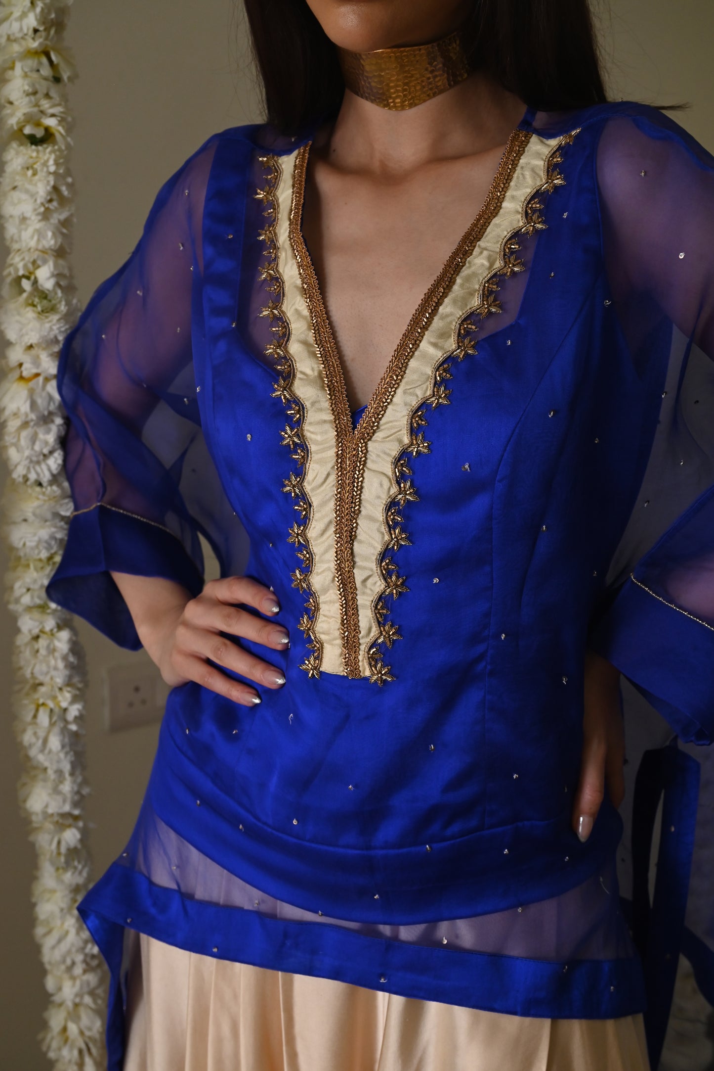 Short Waheeda Kaftan in Royal Blue with Deep Ivory Cowl Palazoo