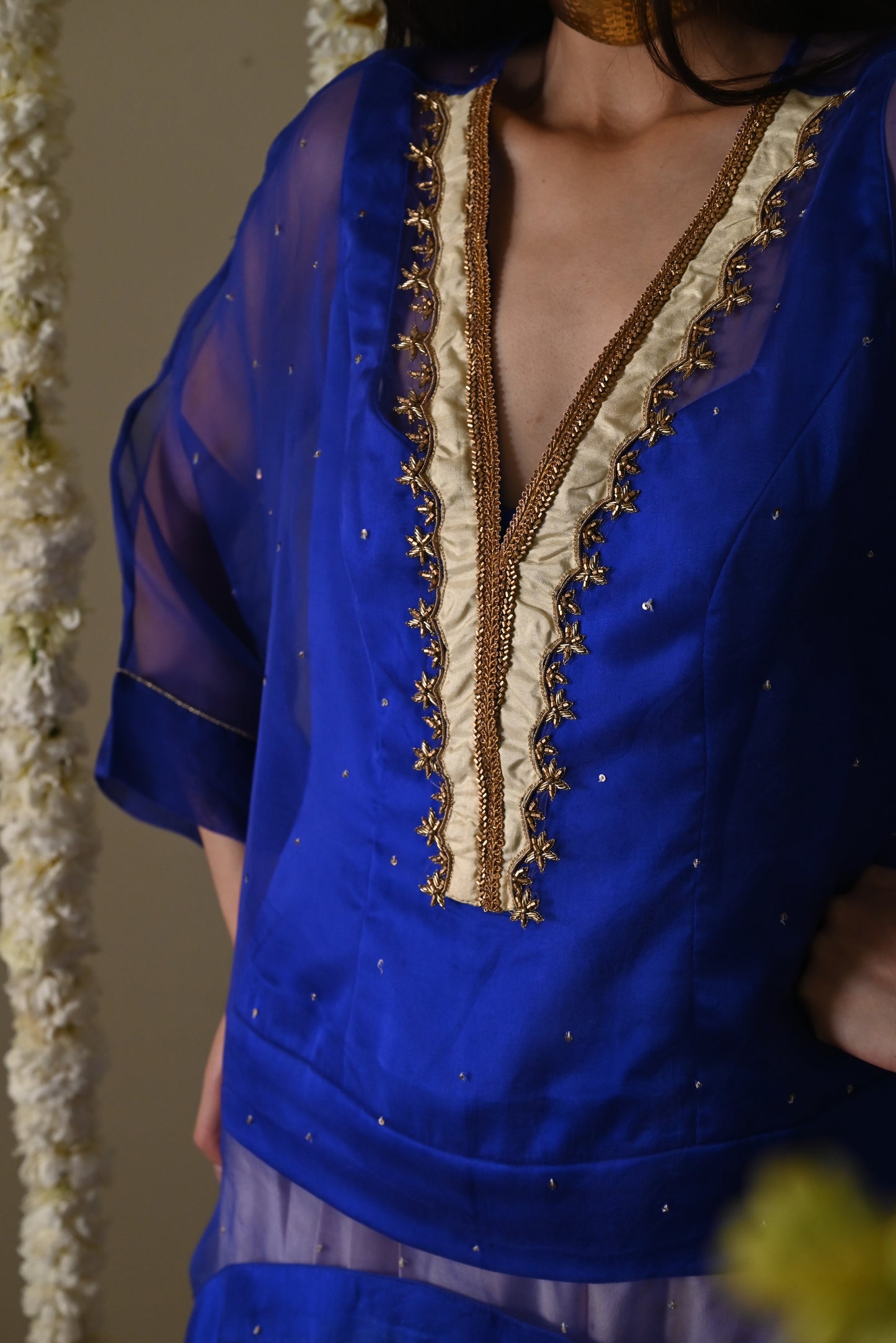 Short Waheeda Kaftan in Royal Blue with Deep Ivory Cowl Palazoo