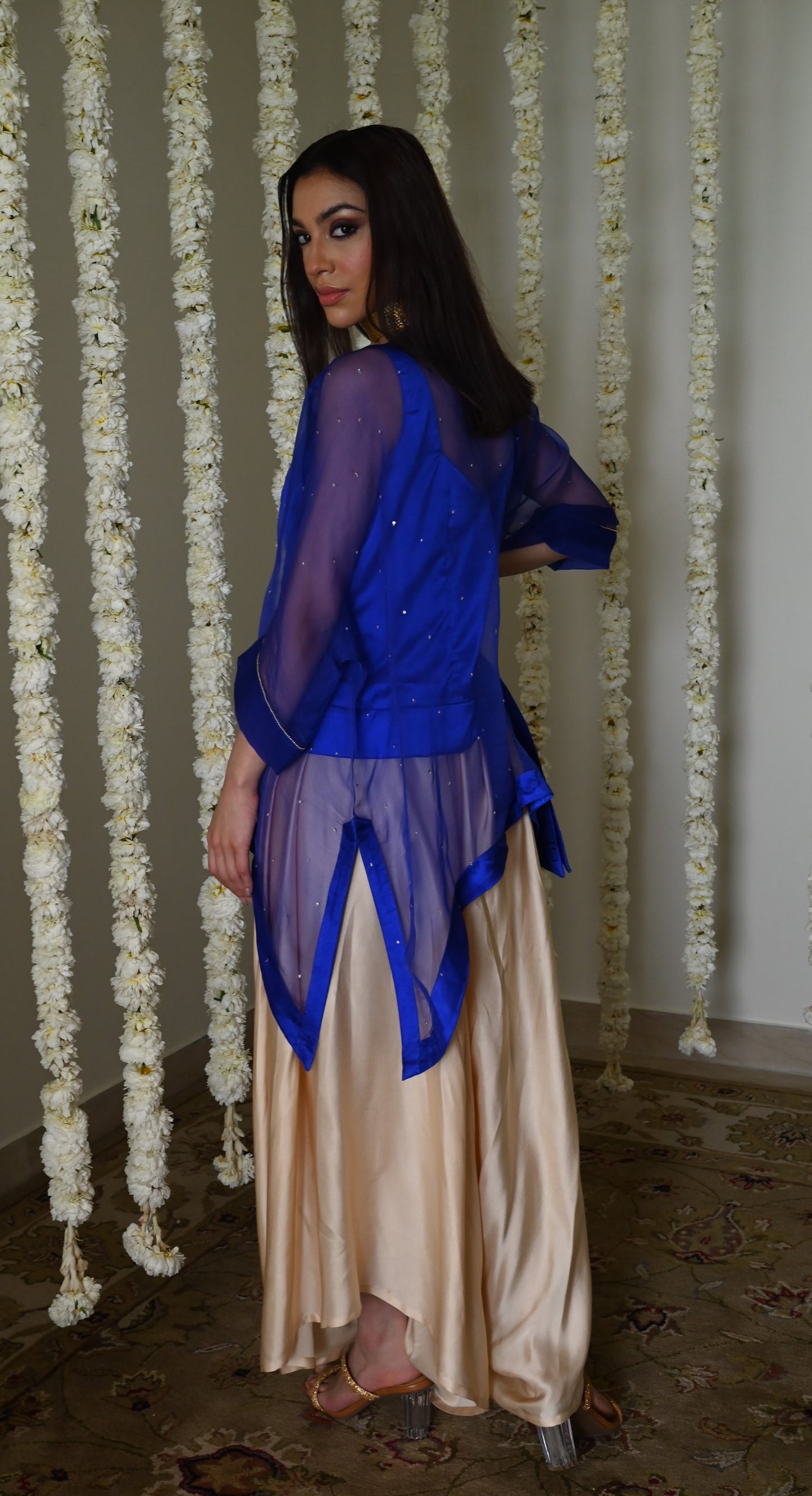 Short Waheeda Kaftan in Royal Blue with Deep Ivory Cowl Palazoo