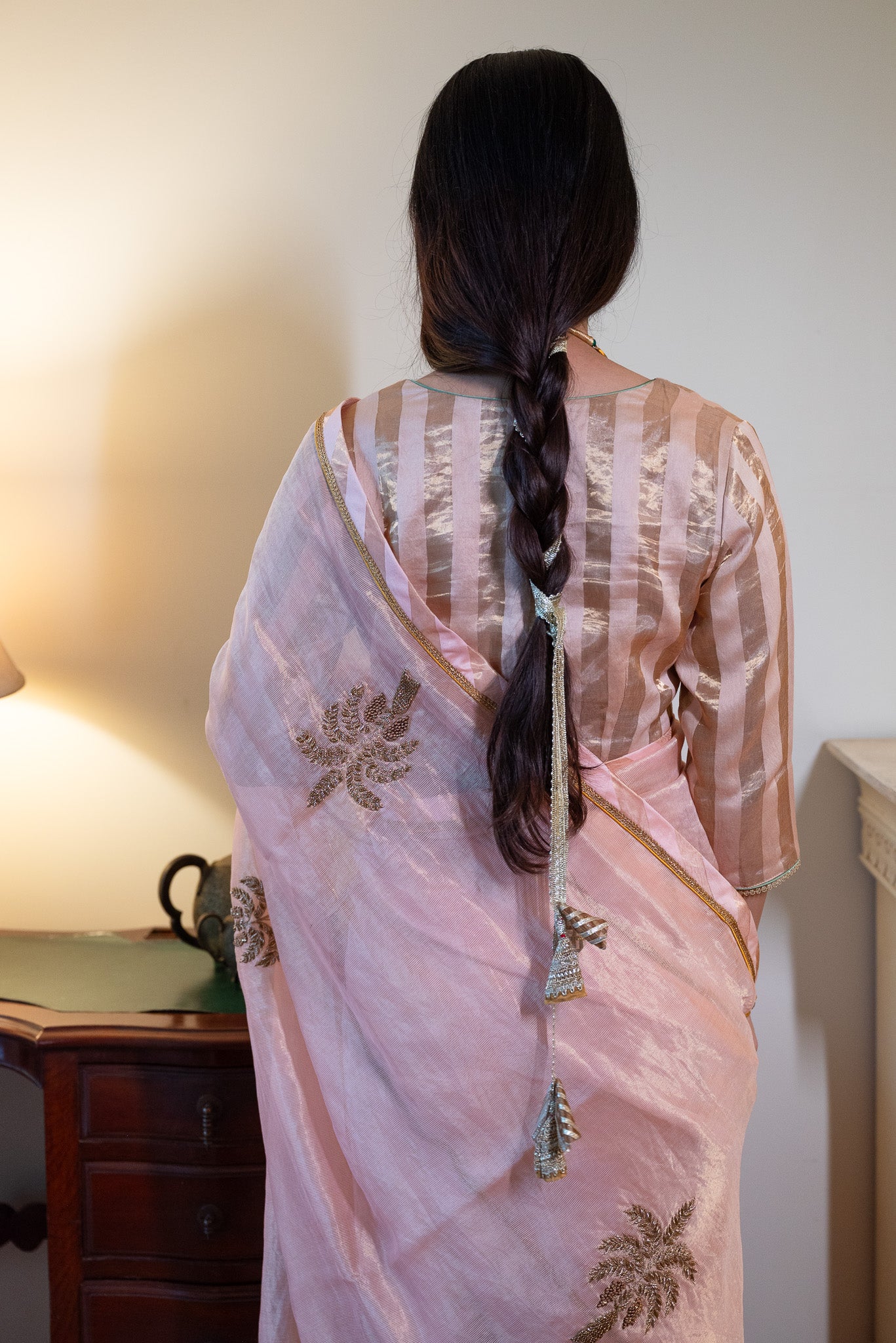 Nusrat Blouse in Ash Pink Handloom Zari stripe