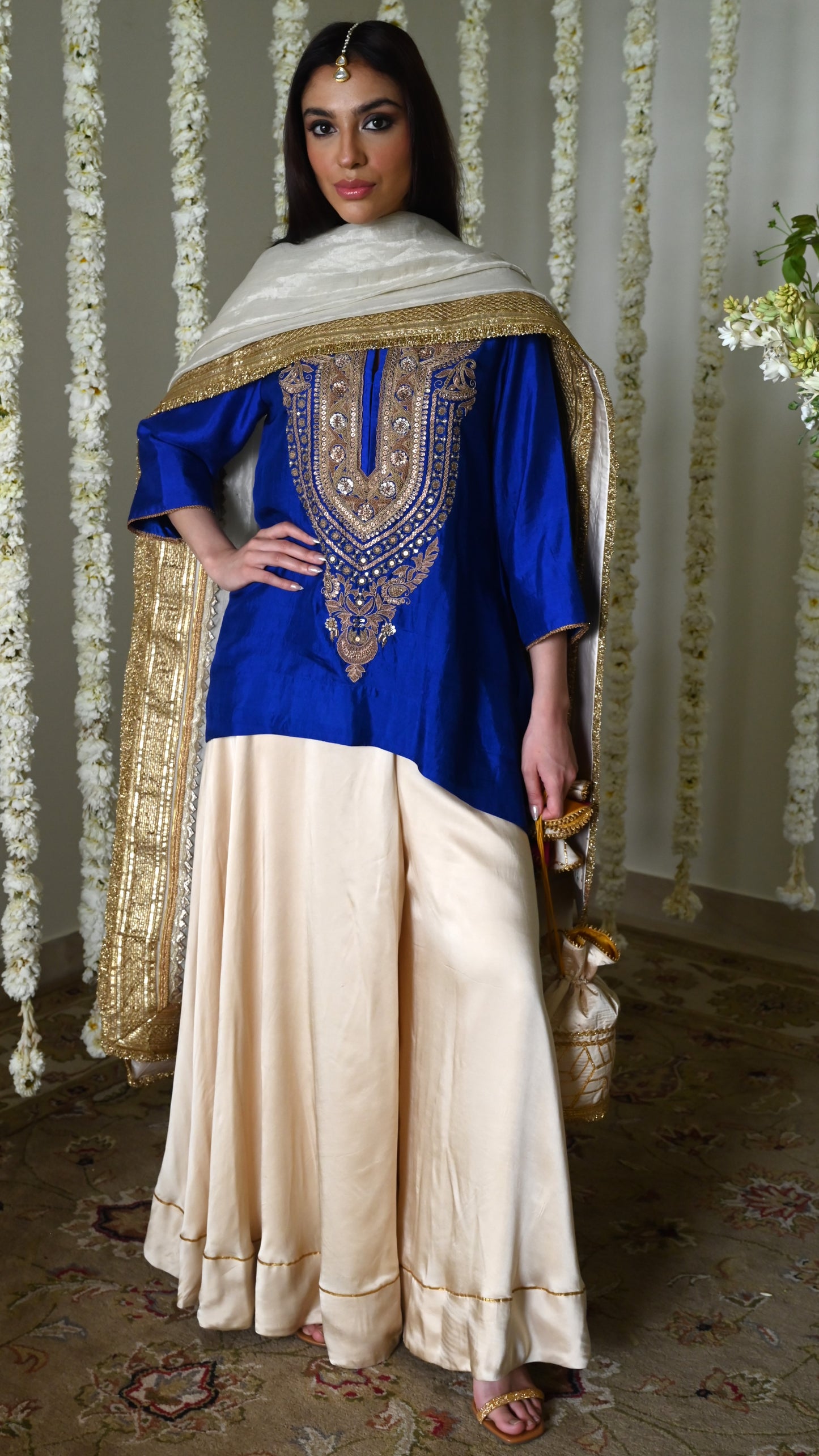 Begum kurta in Royal Blue Silk with Deep Ivory Garara