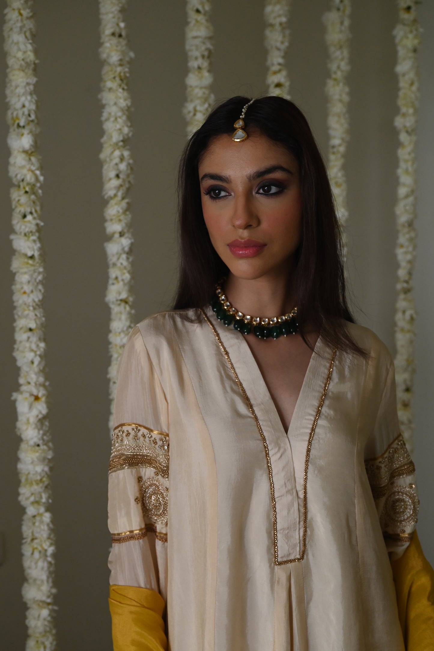 Sushma Anarkali in Deep Ivory Satin Silk