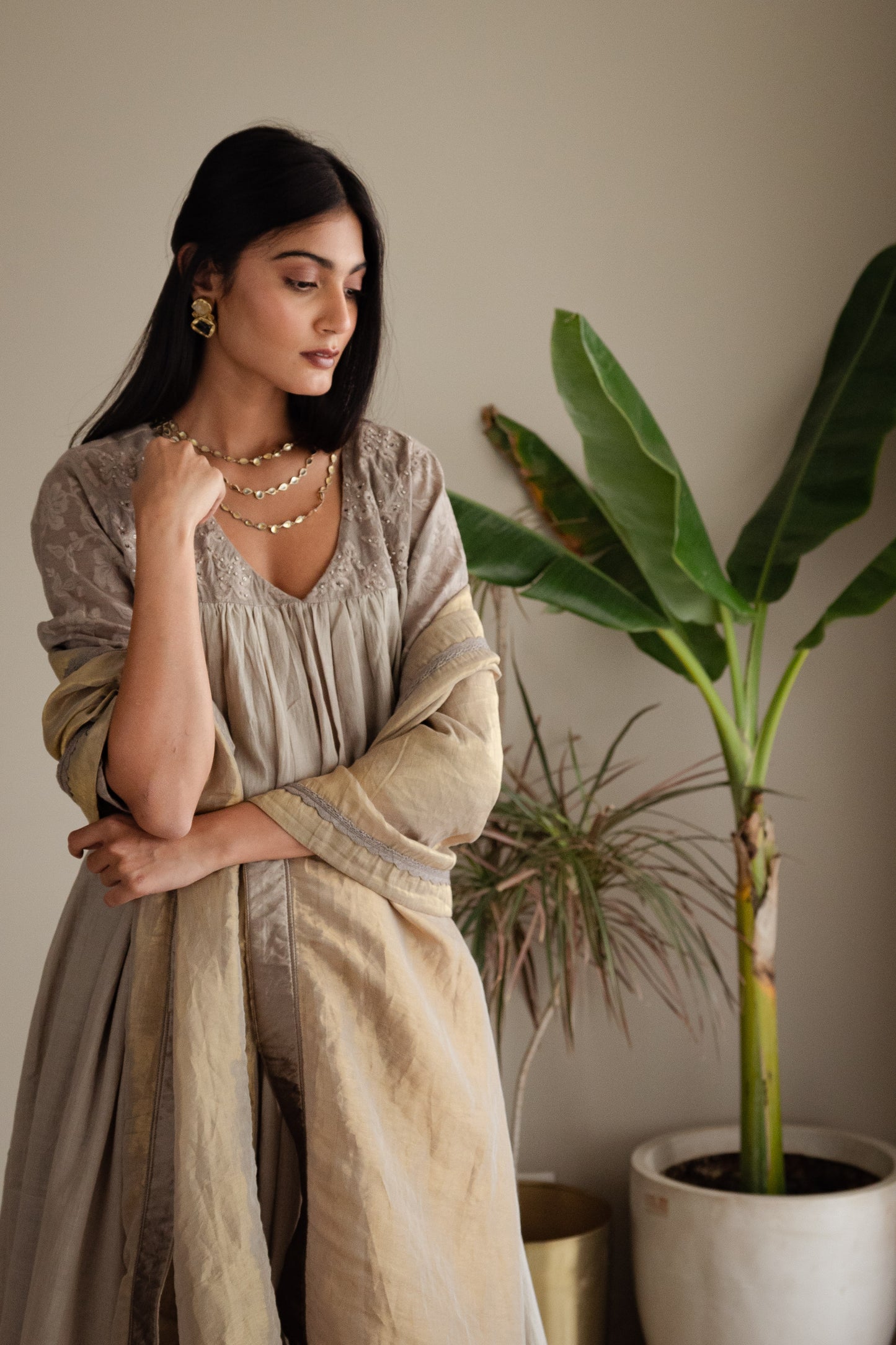 Empireline Kurta In Taupe Jacquard And Muslin With Farshi