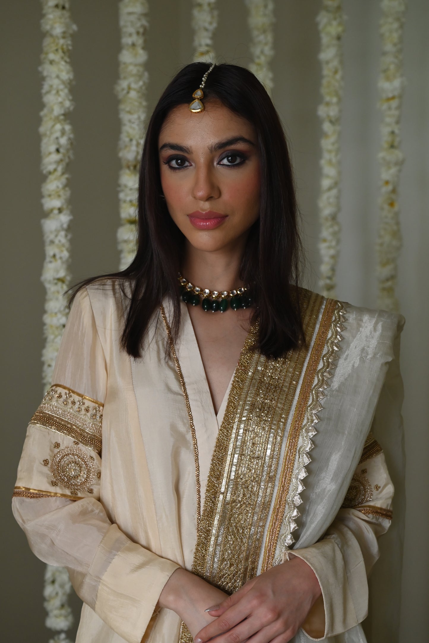 Sushma Anarkali in Deep Ivory Satin Silk
