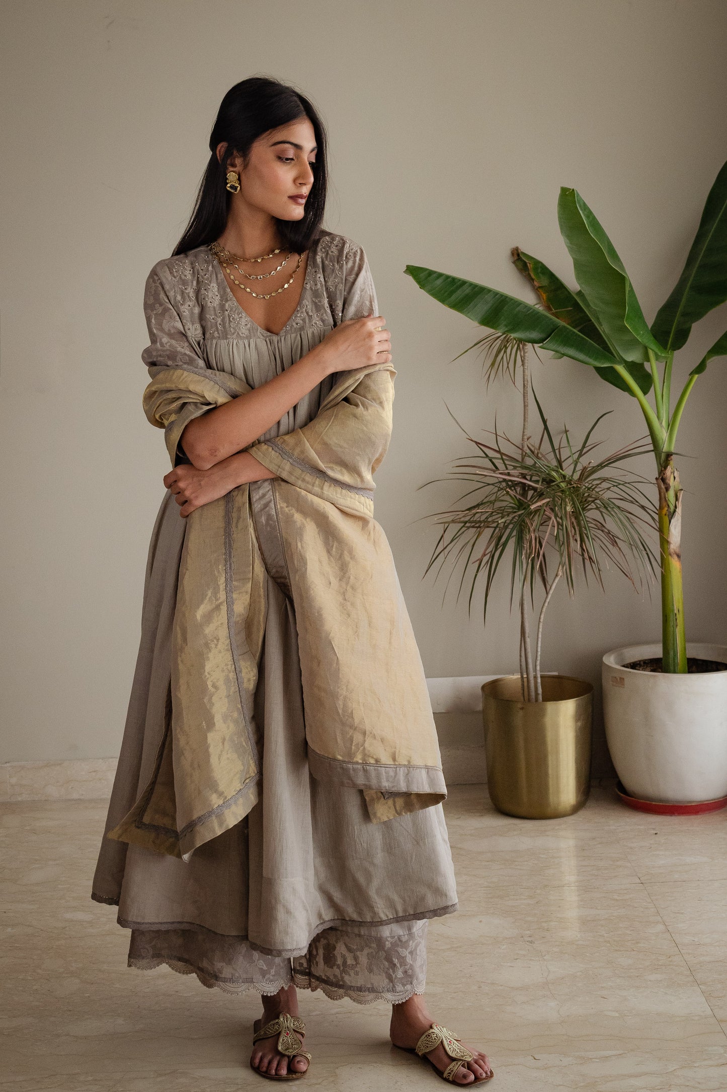 Empireline Kurta In Taupe Jacquard And Muslin With Farshi