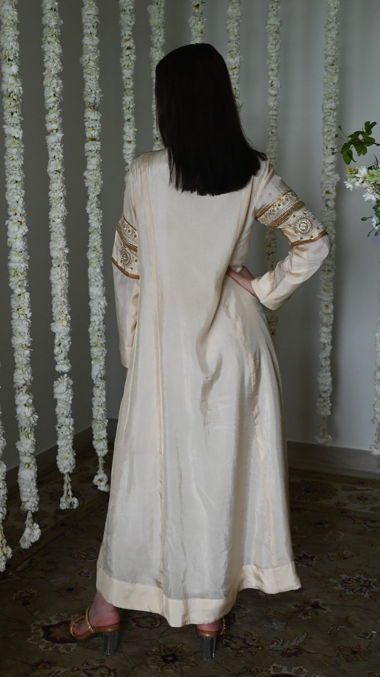 Sushma Anarkali in Deep Ivory Satin Silk