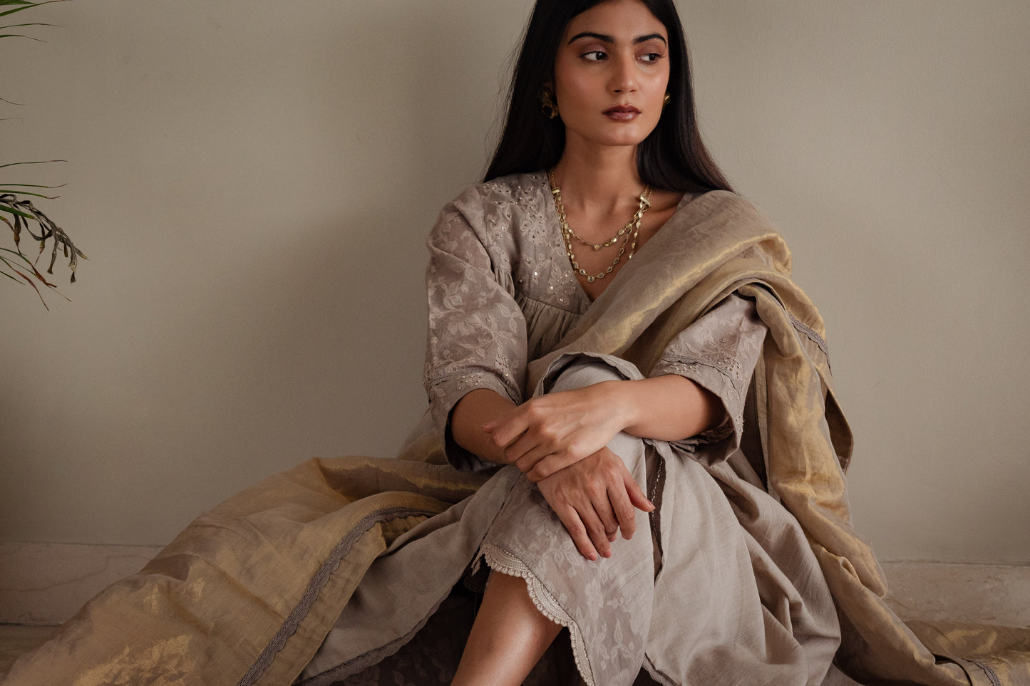 Empireline Kurta In Taupe Jacquard And Muslin With Farshi