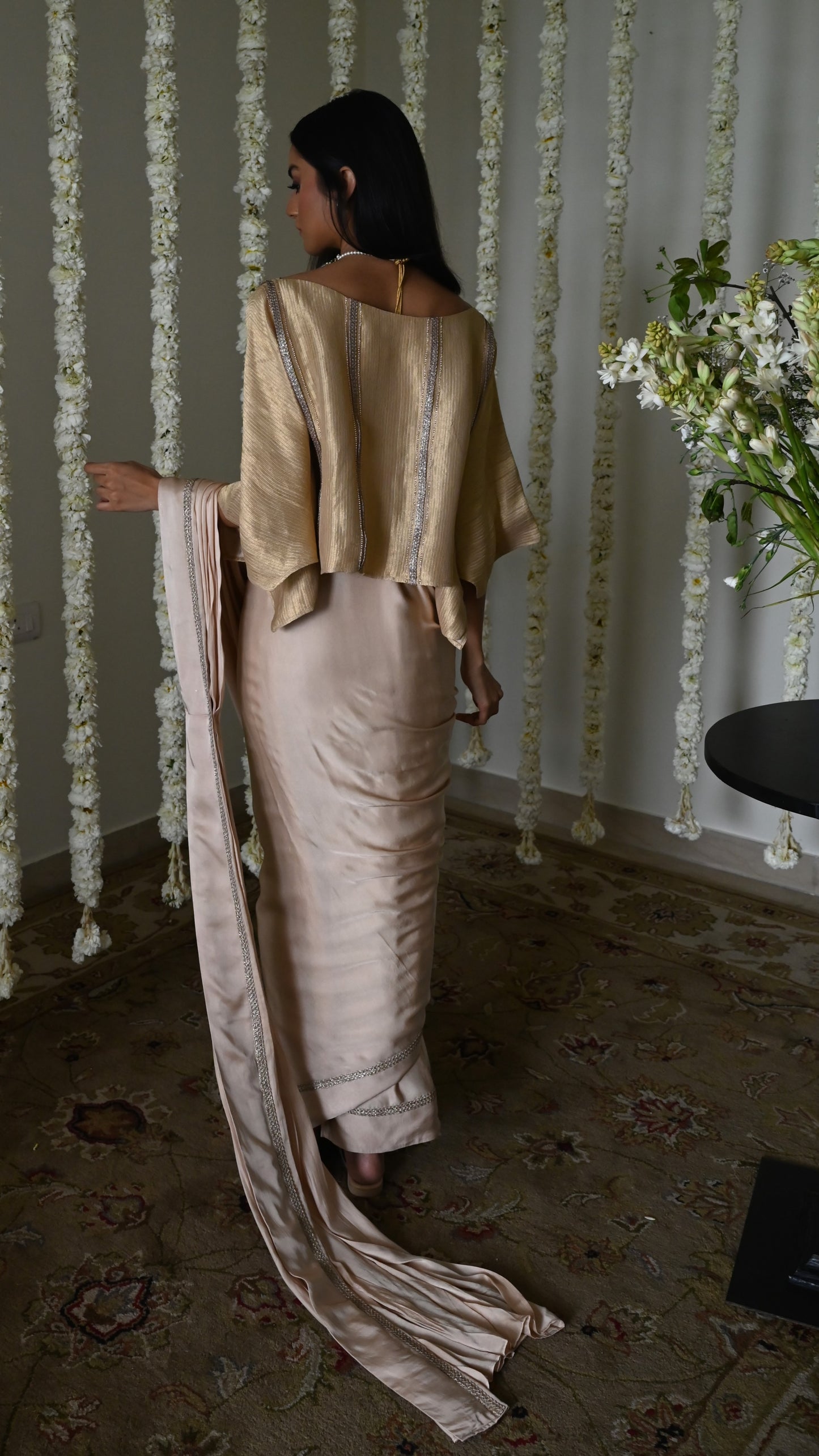 Desi Girl Ready to Wear Saree in Deep Ivory Batwing Blouse