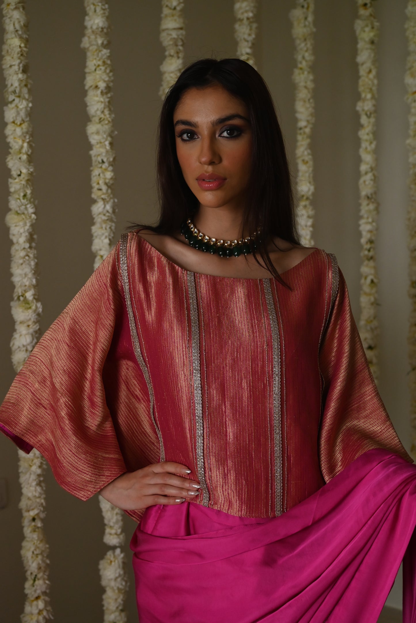 Desi Girl Ready to Wear Saree in Hot Pink Batwing Blouse.