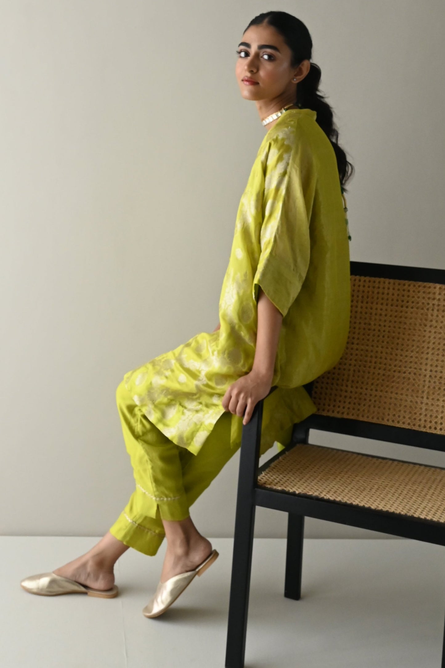 Shahi Kaftan in Neon Green Brocade with Neon Green Pant