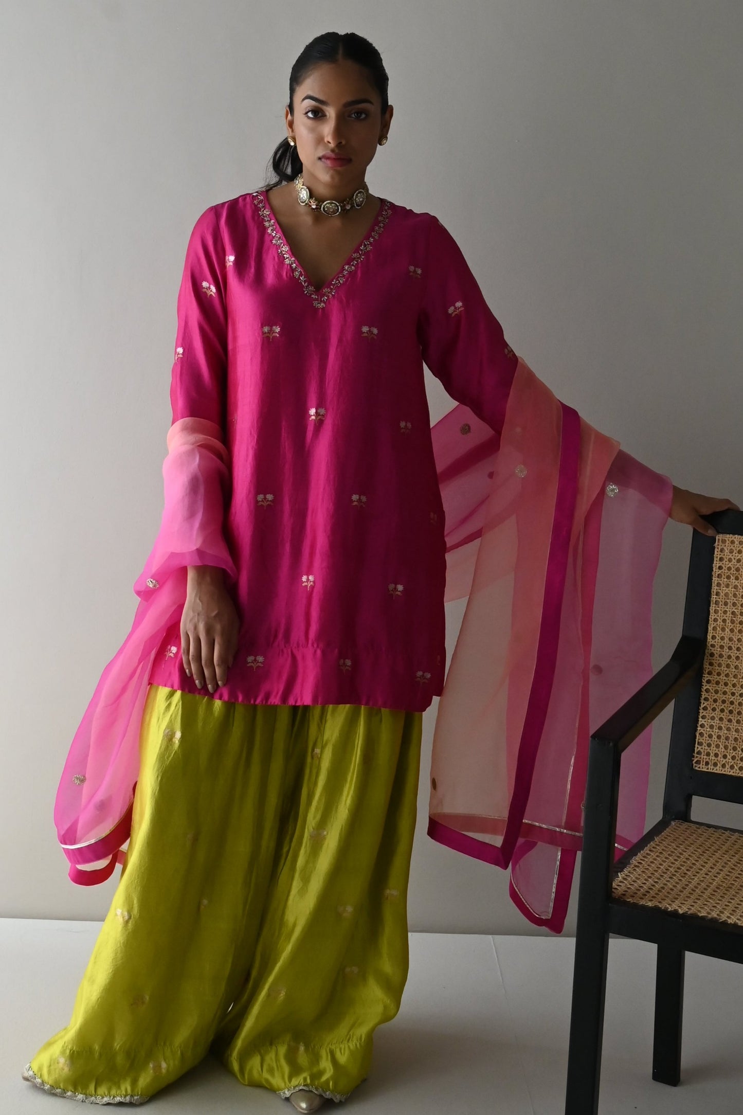 Anu Kurta in Hot Pink Brocade with Neon Green Sharara