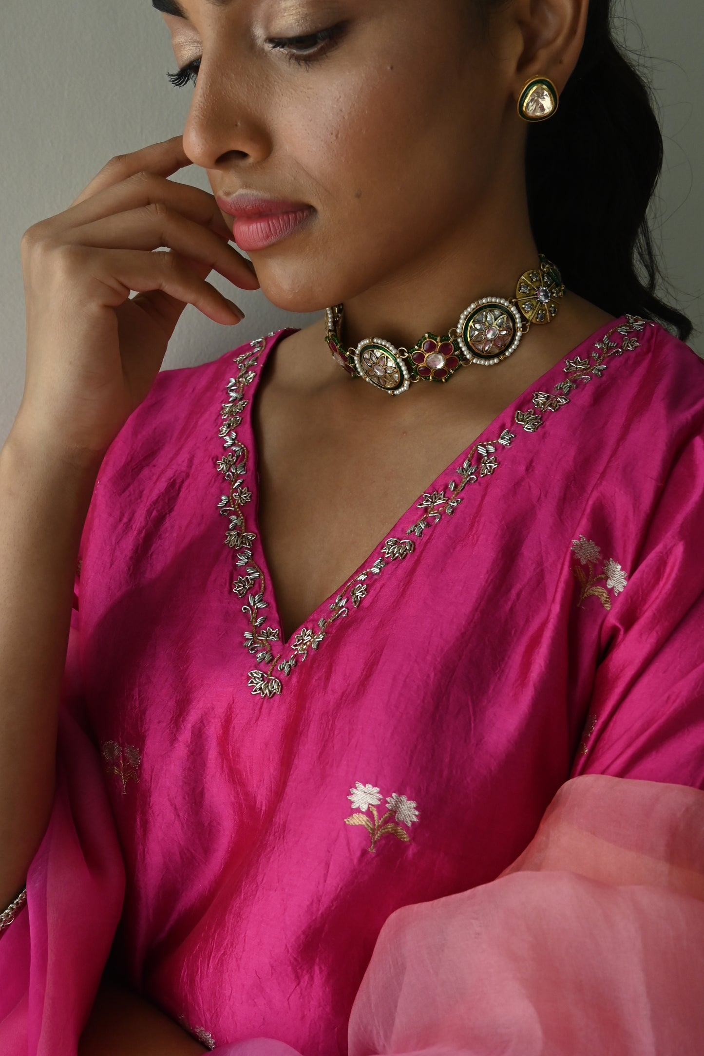 Anu Kurta in Hot Pink Brocade with Neon Green Sharara