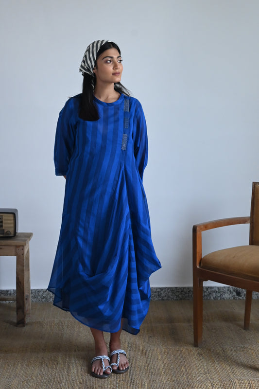Cowl Dress in Blue & Indigo Stripes
