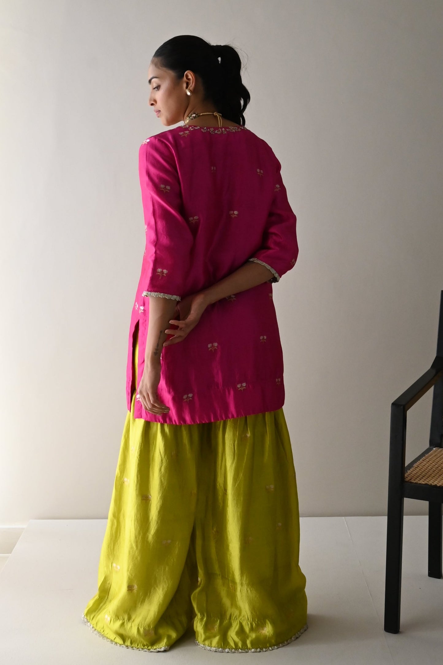 Anu Kurta in Hot Pink Brocade with Neon Green Sharara