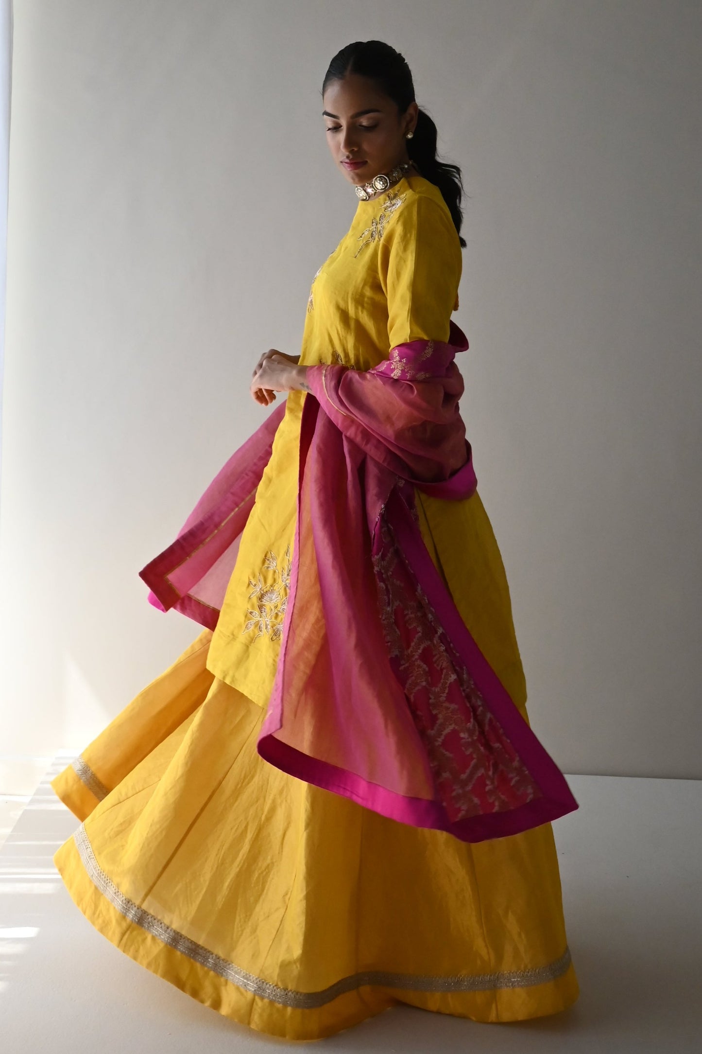 Hot Pink Dupatta in Half Tissue and Half Brocade