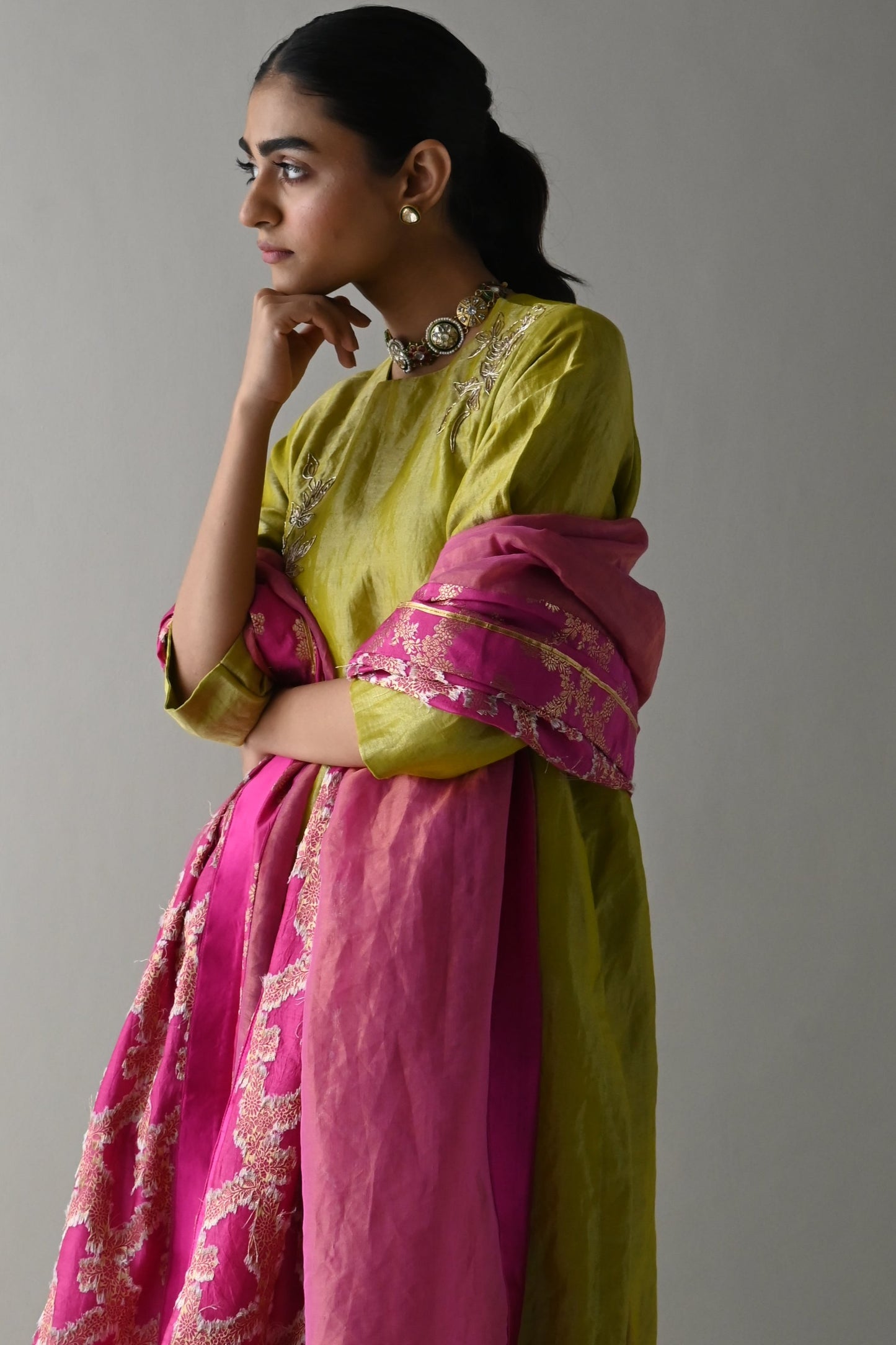 Hot Pink Dupatta in Half Tissue and Half Brocade