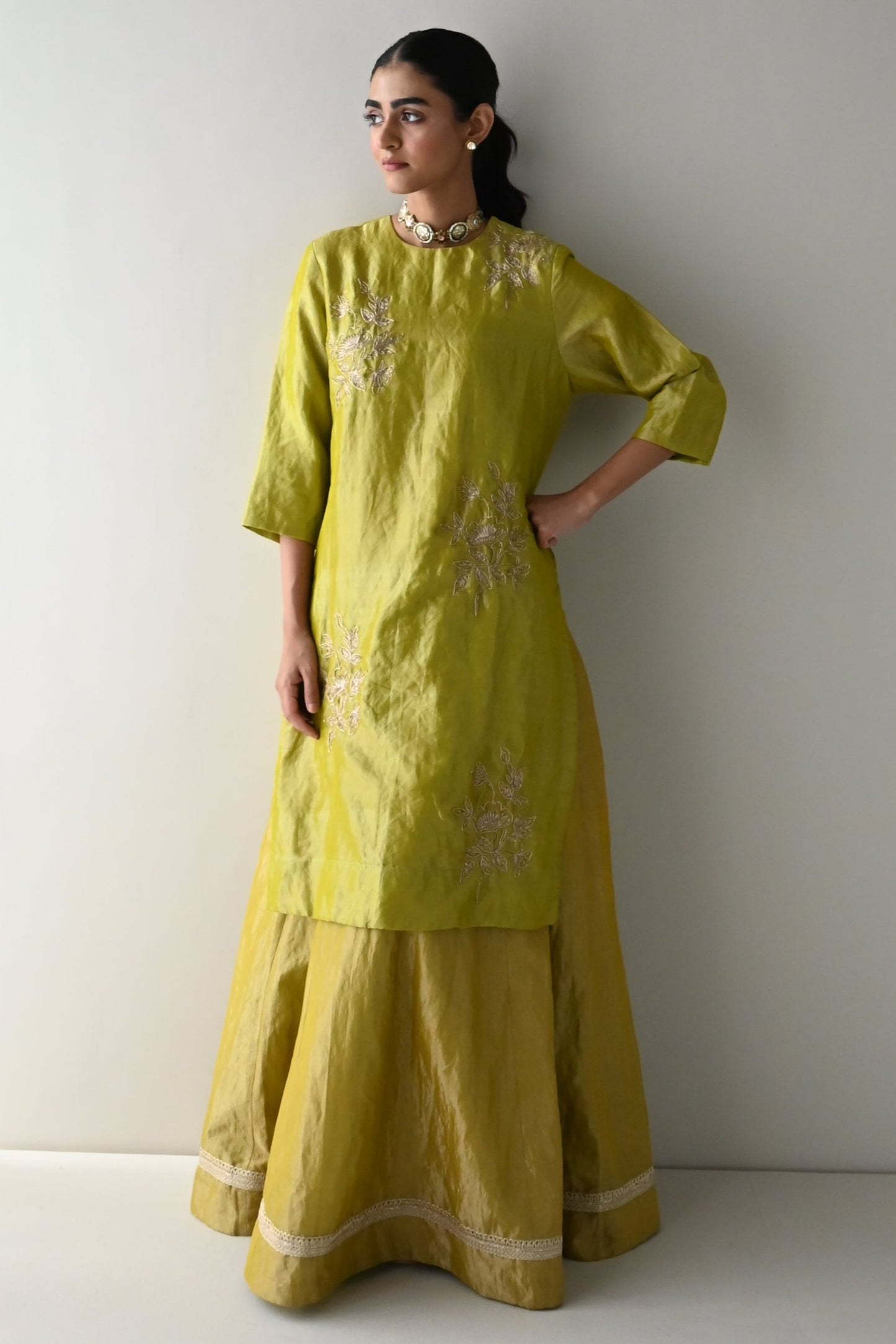 Gulaab lehenga set in Neon Green Handloom Tissue