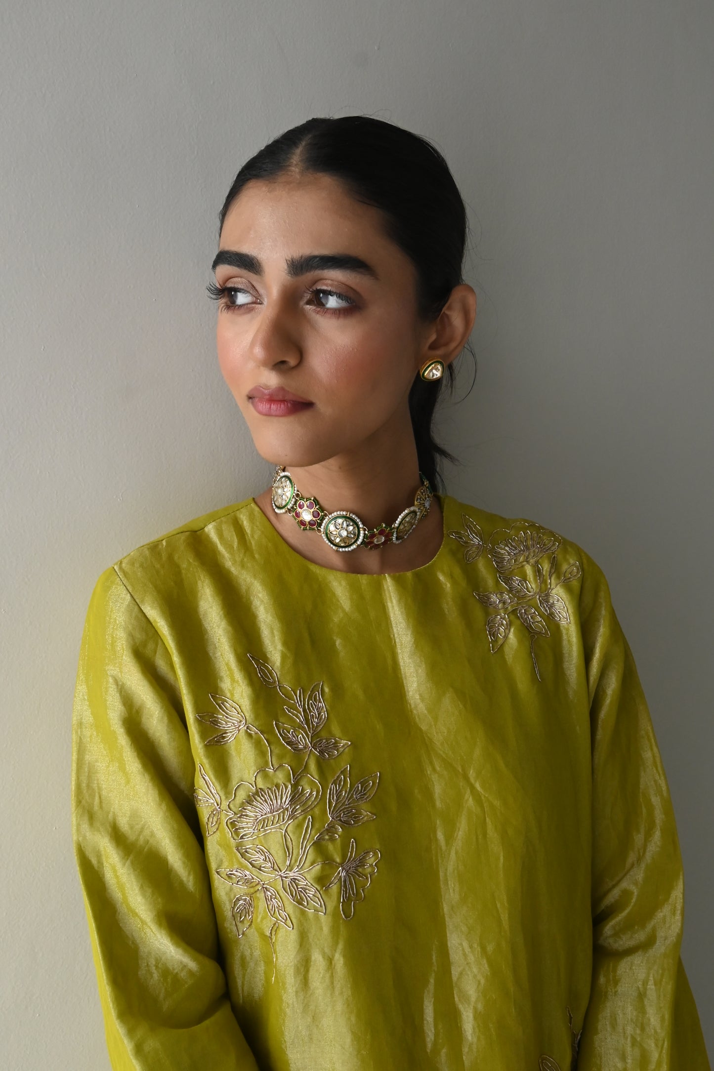 Gulaab lehenga set in Neon Green Handloom Tissue