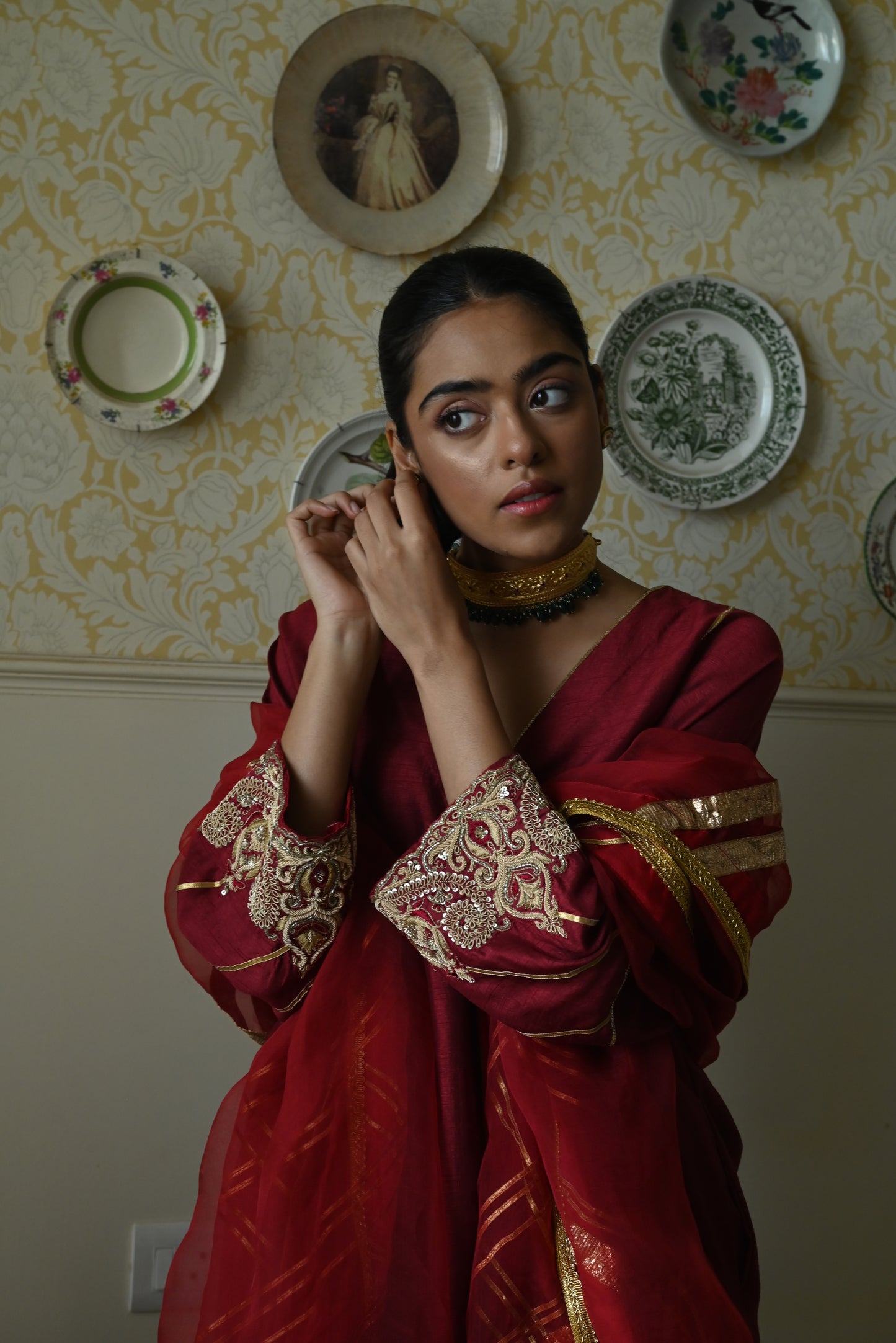 Taj kaftan in Red Raw Silk with embroidered cuff with Red Pant