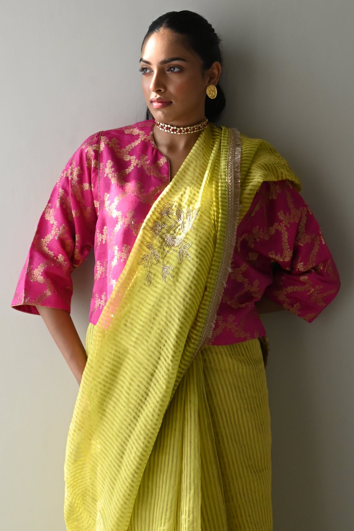 Bel Jhabla Blouse in Hot Pink Brocade