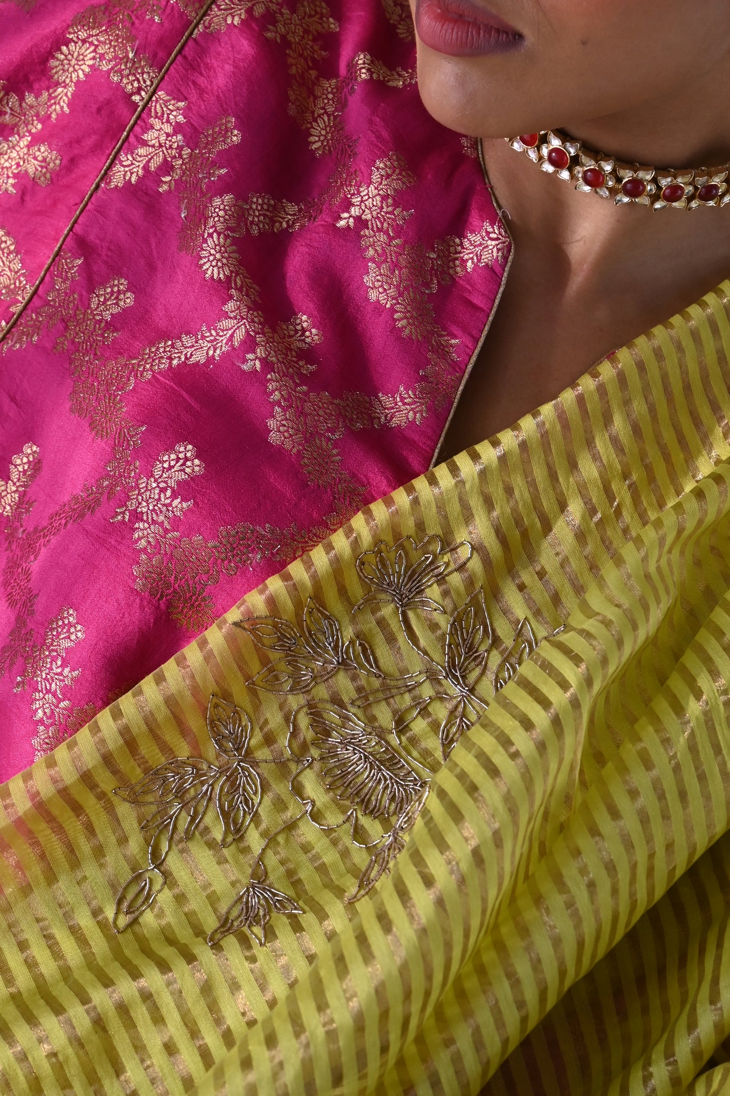Bel Jhabla Blouse in Hot Pink Brocade