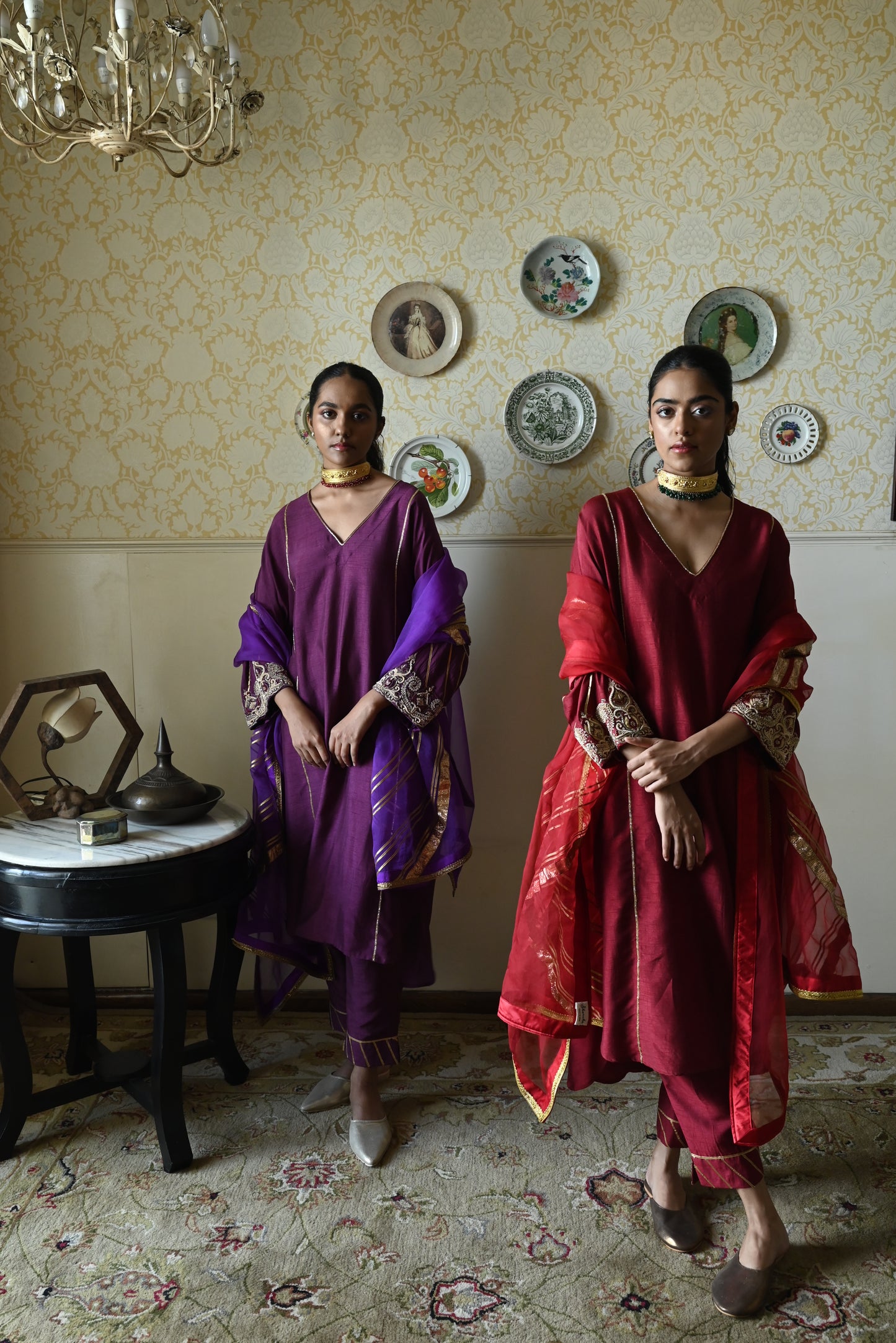 Taj kaftan in Red Raw Silk with embroidered cuff with Red Pant