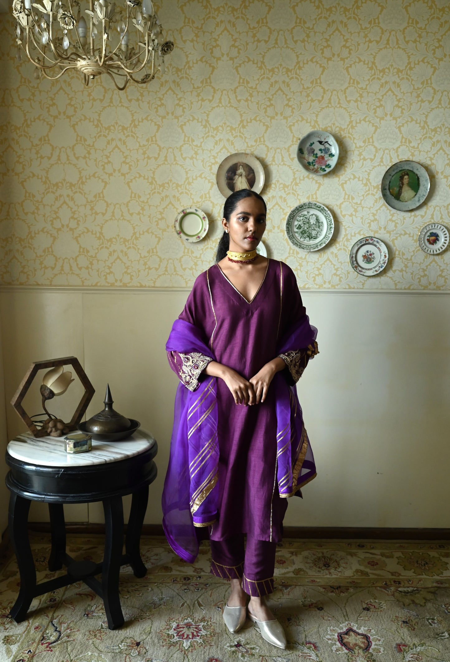 Taj kaftan in Purple Raw Silk with embroidered cuff with Purple Pant