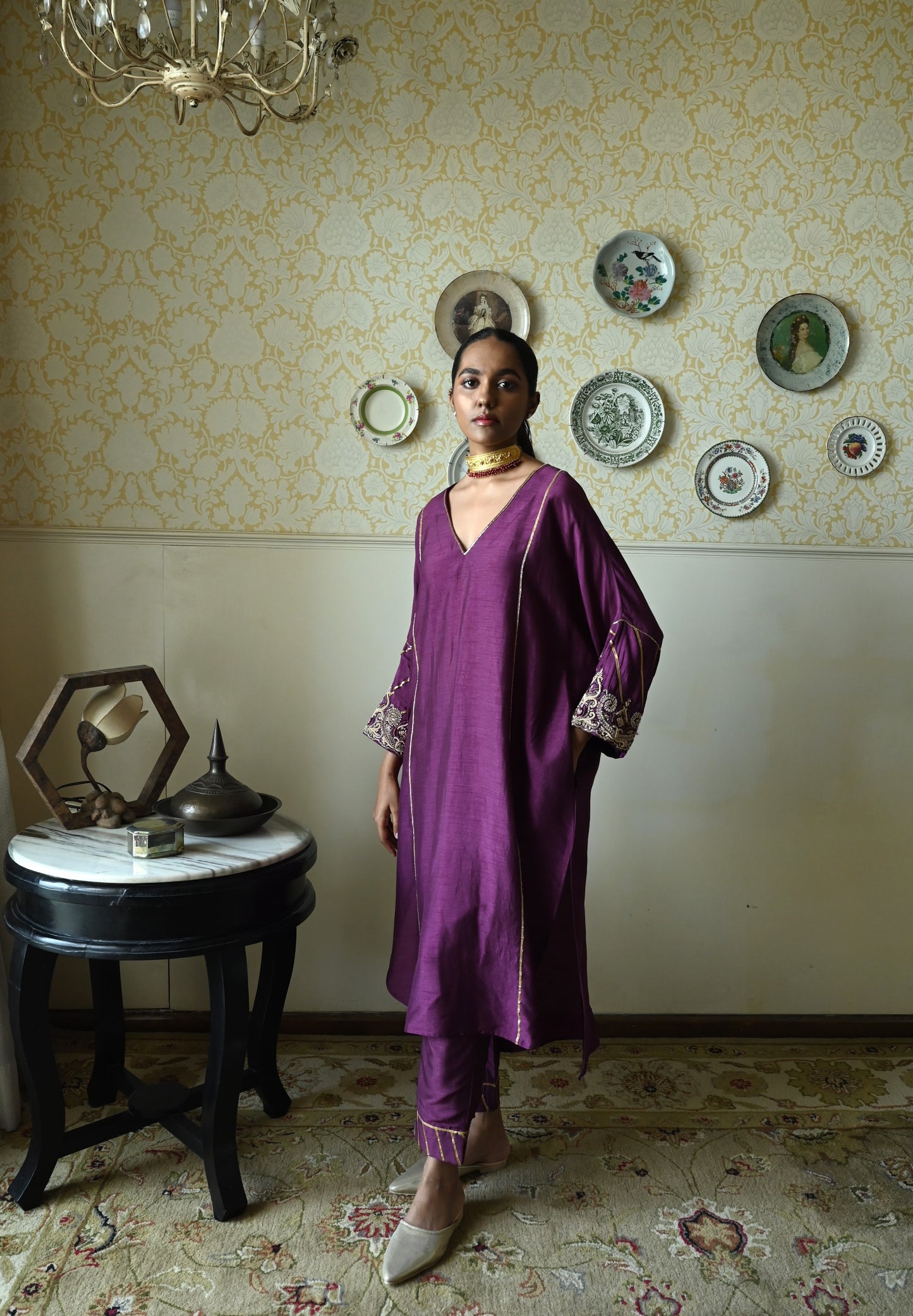 Taj kaftan in Purple Raw Silk with embroidered cuff with Purple Pant