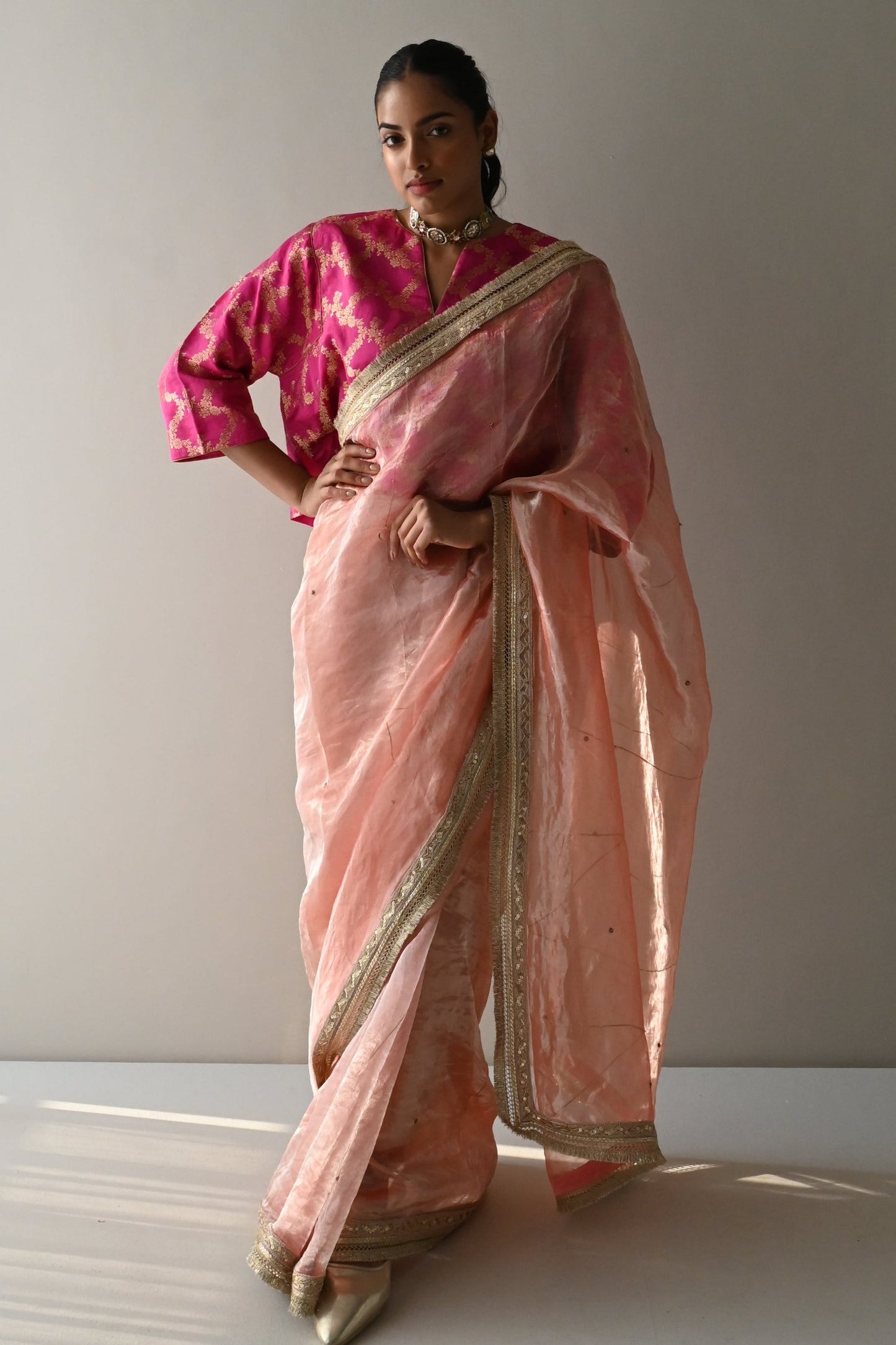 Sumi Saree in Rose Pink Organza Tissue