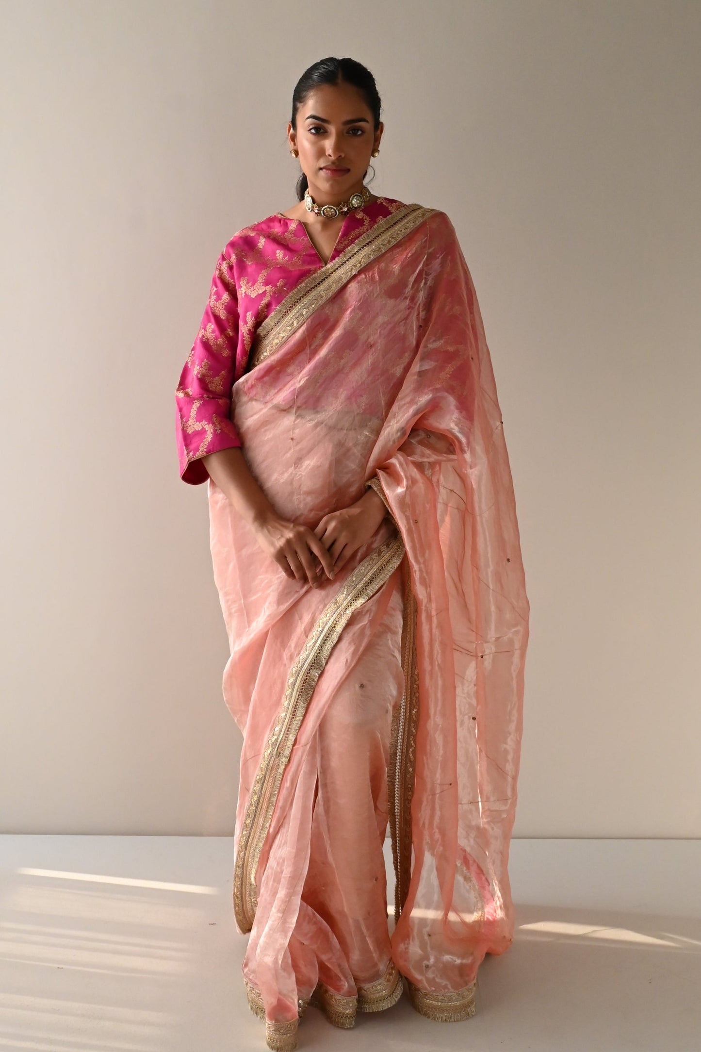 Sumi Saree in Rose Pink Organza Tissue