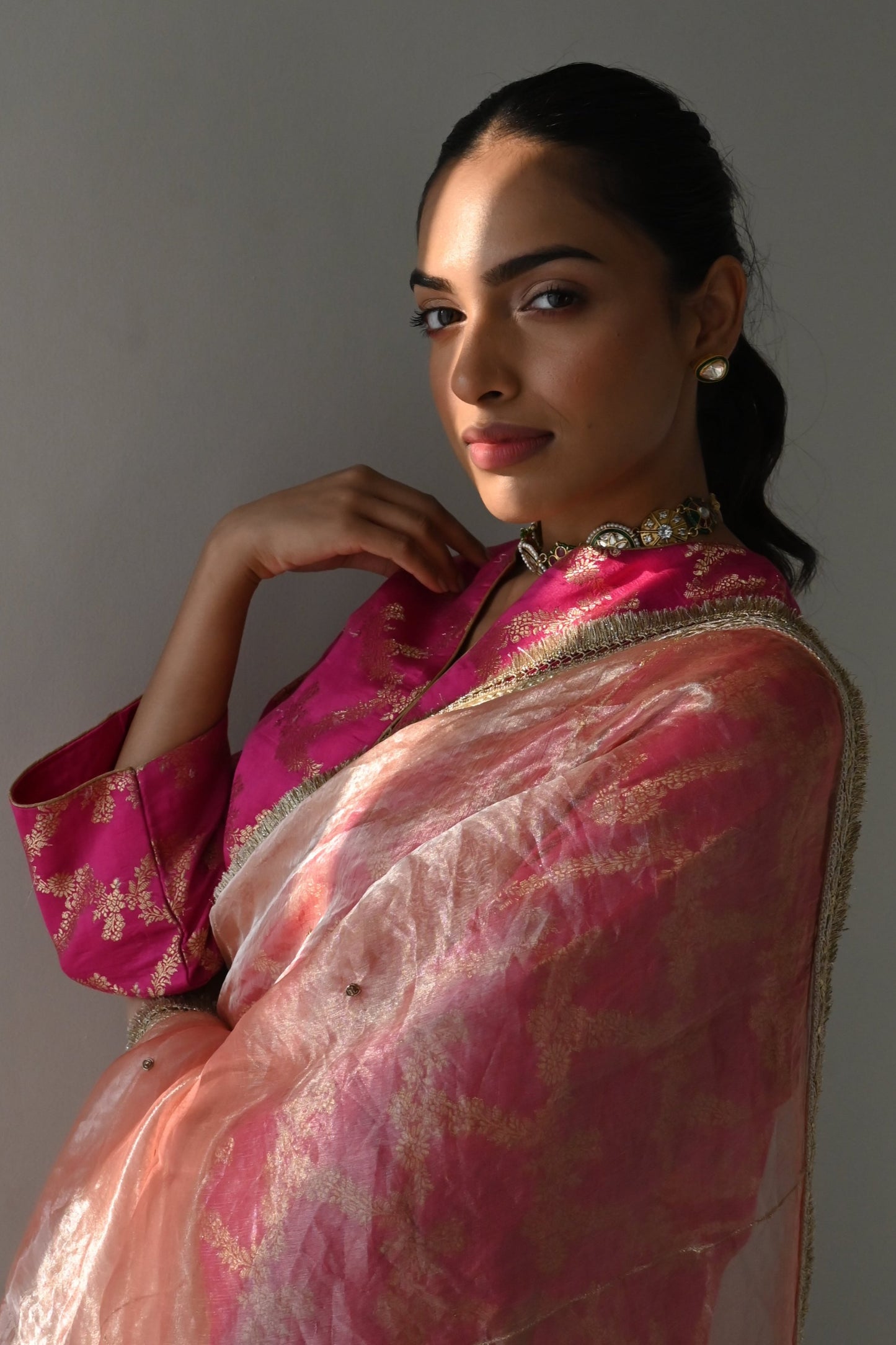 Sumi Saree in Rose Pink Organza Tissue