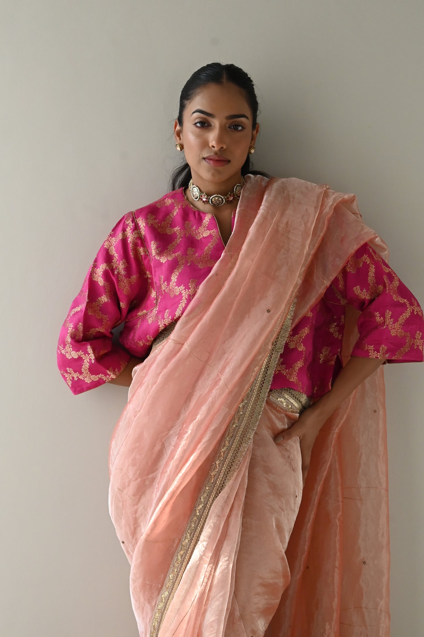 Sumi Saree in Rose Pink Organza Tissue