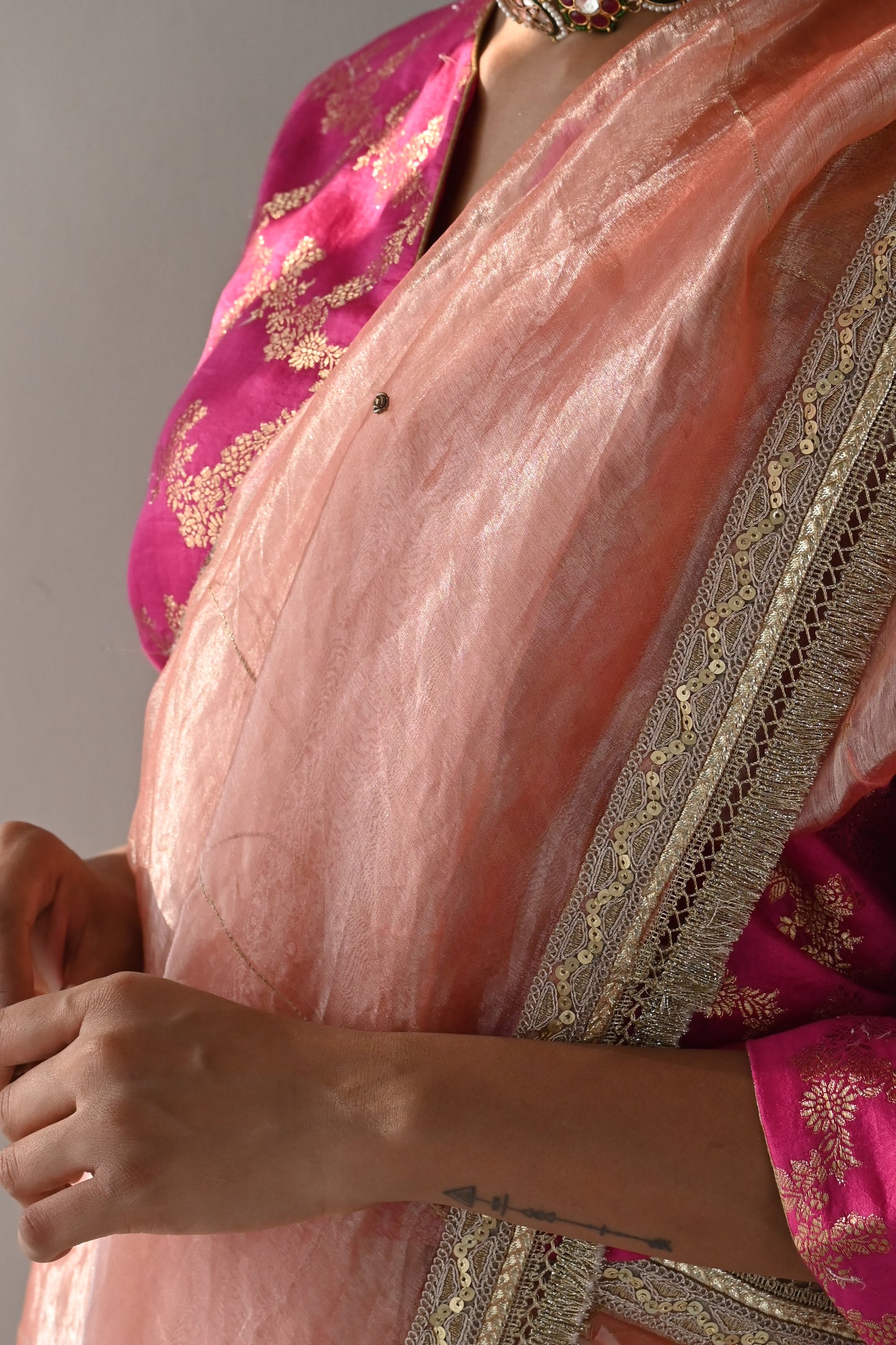 Sumi Saree in Rose Pink Organza Tissue