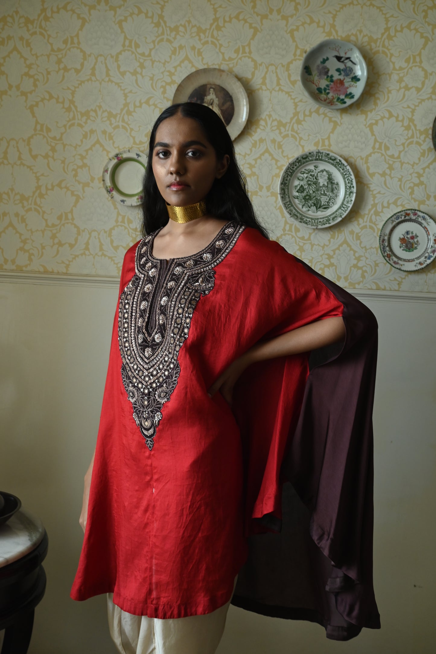 Begum Cape in Red Silk with Dhoti Pant
