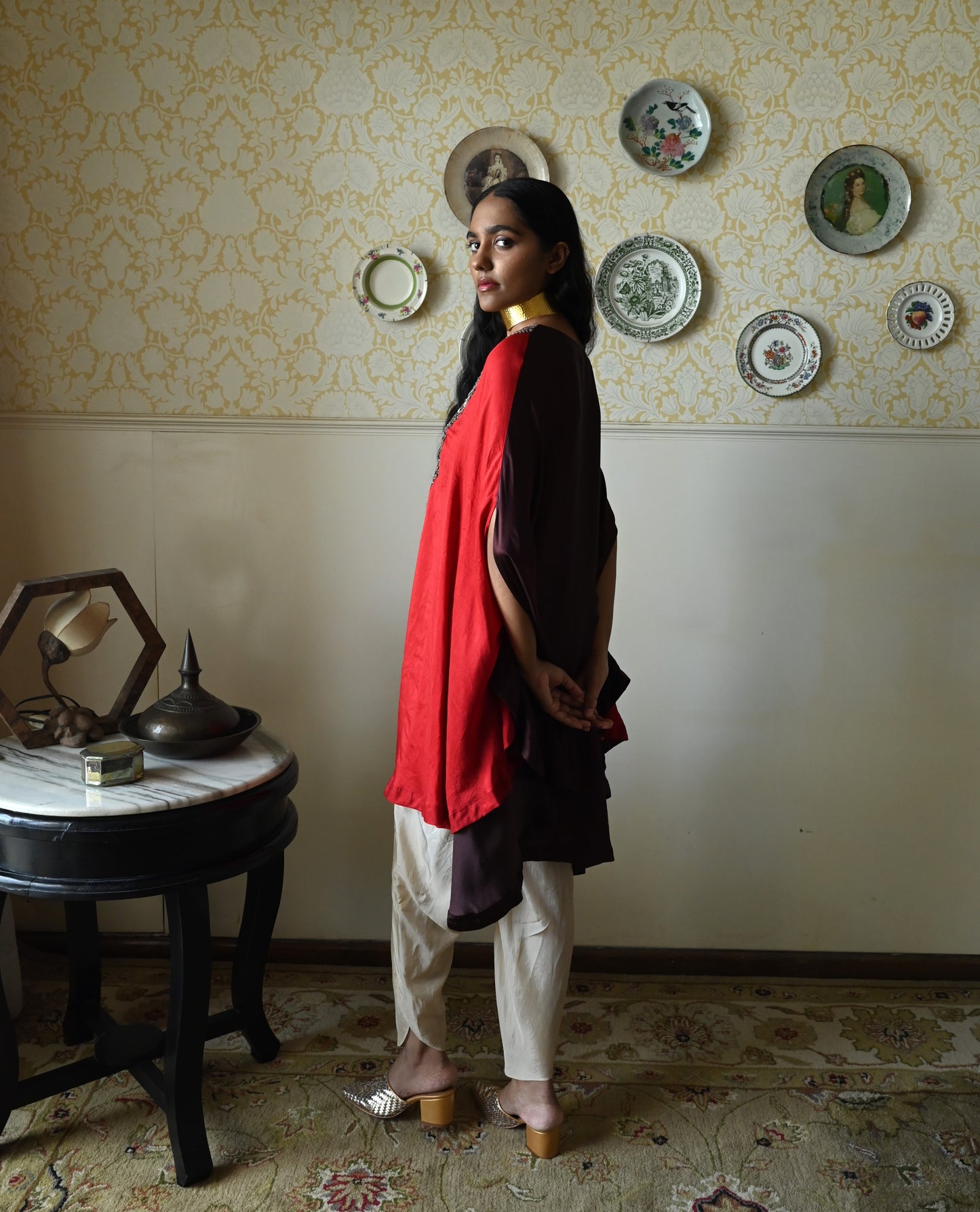 Begum Cape in Red Silk with Dhoti Pant