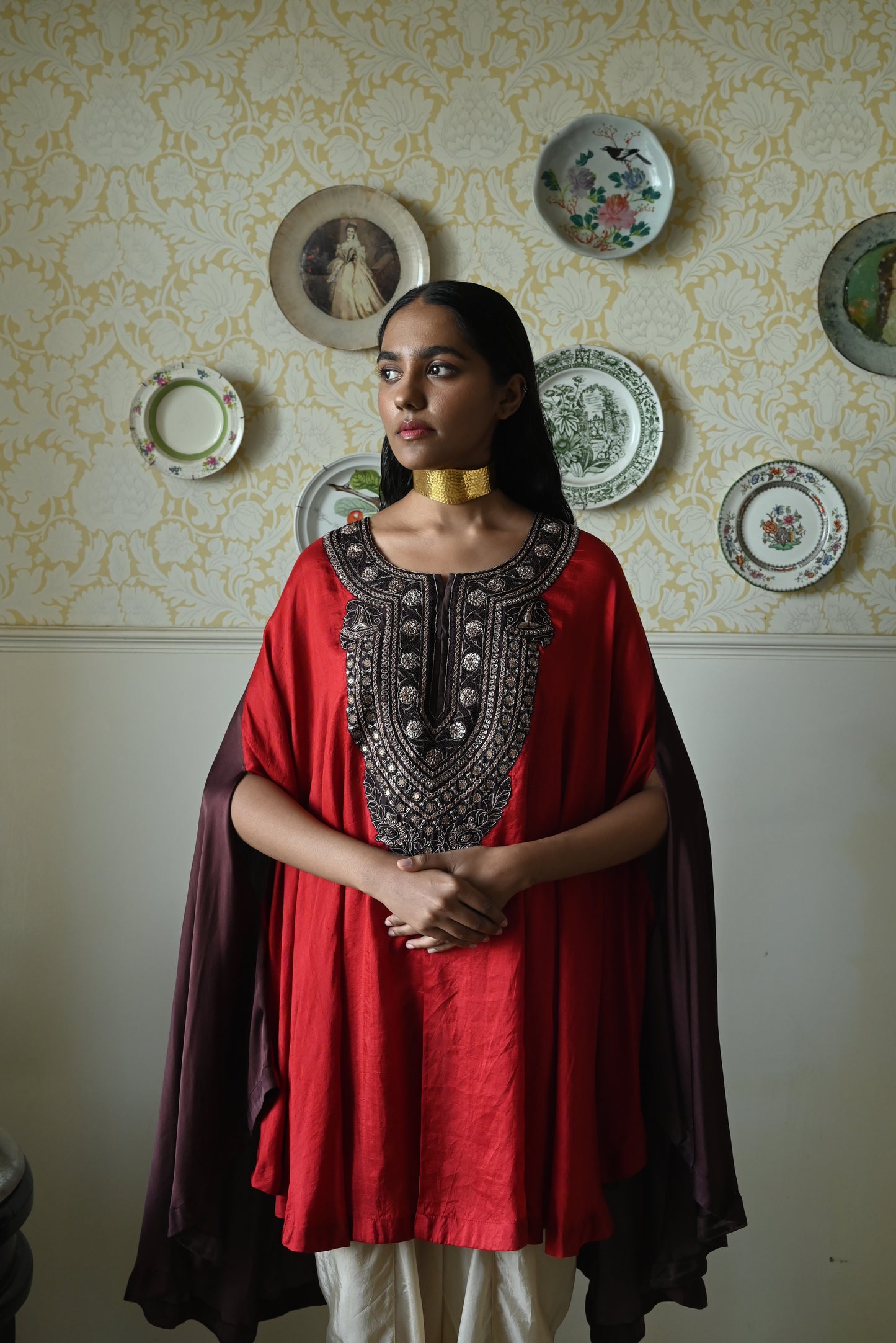 Begum Cape in Red Silk with Dhoti Pant
