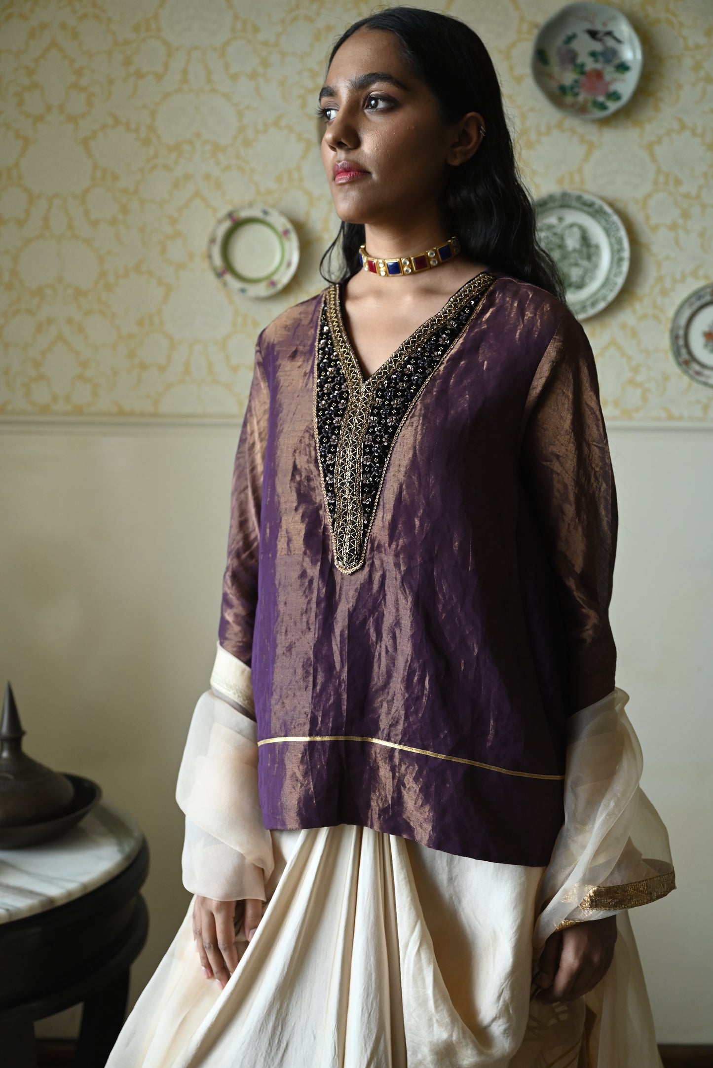 Chudi Shabana Red Kalis in Purple Tissue with Cowl Skirt