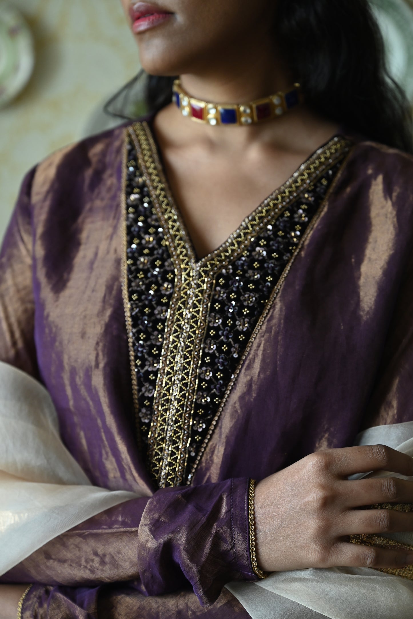 Chudi Shabana Red Kalis in Purple Tissue with Cowl Skirt