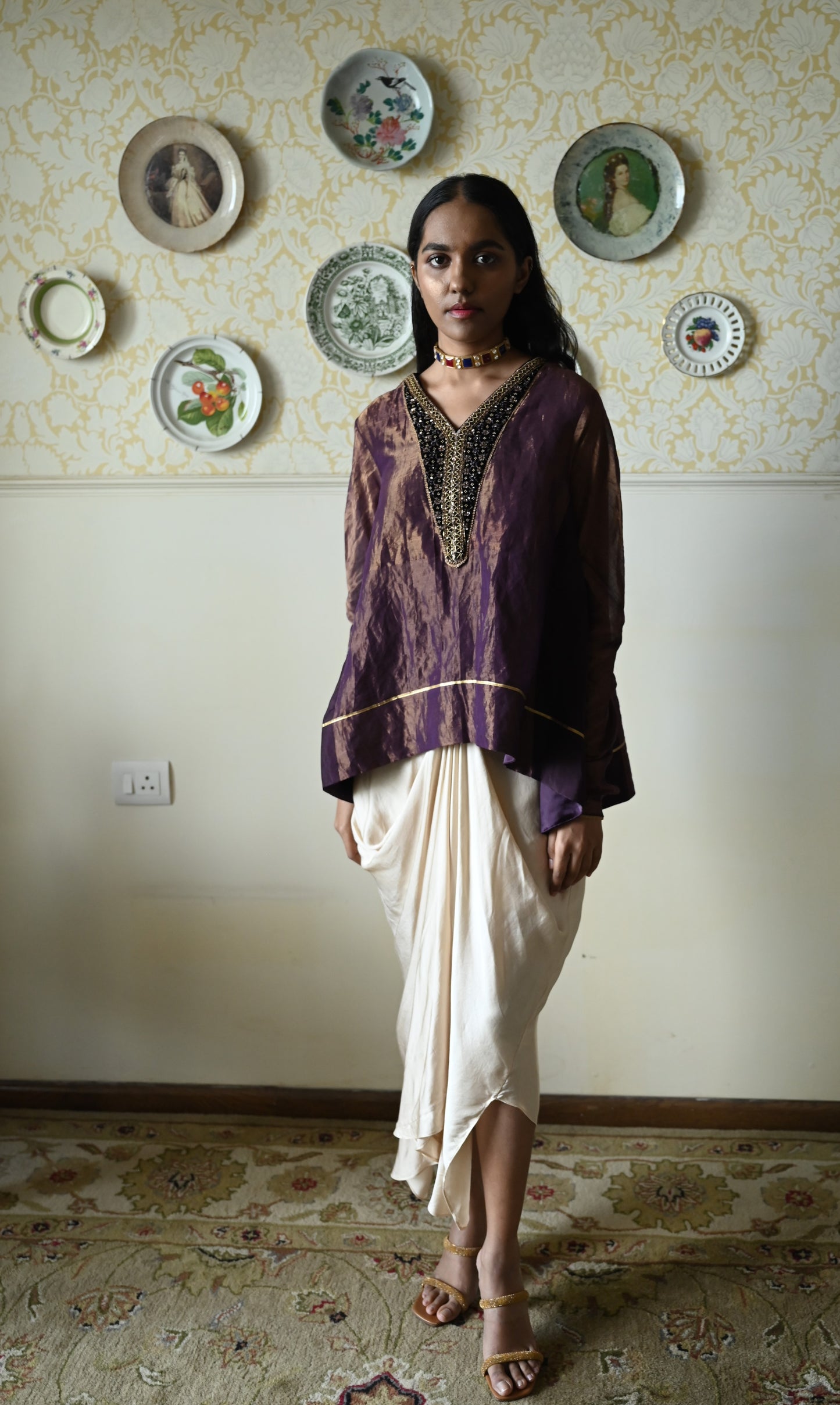 Chudi Shabana Red Kalis in Purple Tissue with Cowl Skirt