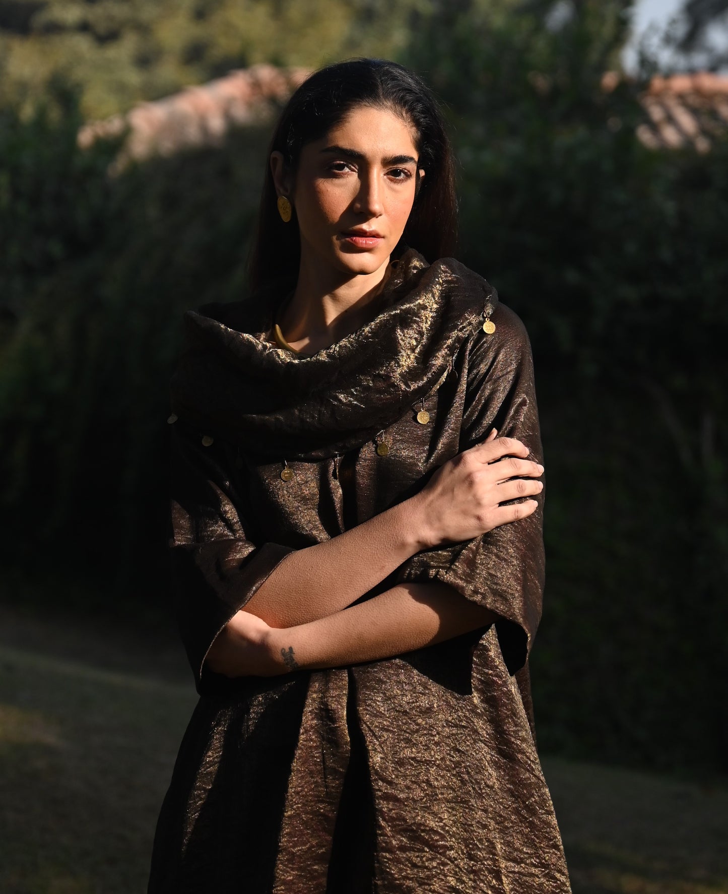 Sati Cowl Kurta in Black Tissue and Chanderi Stripes with Black Pant
