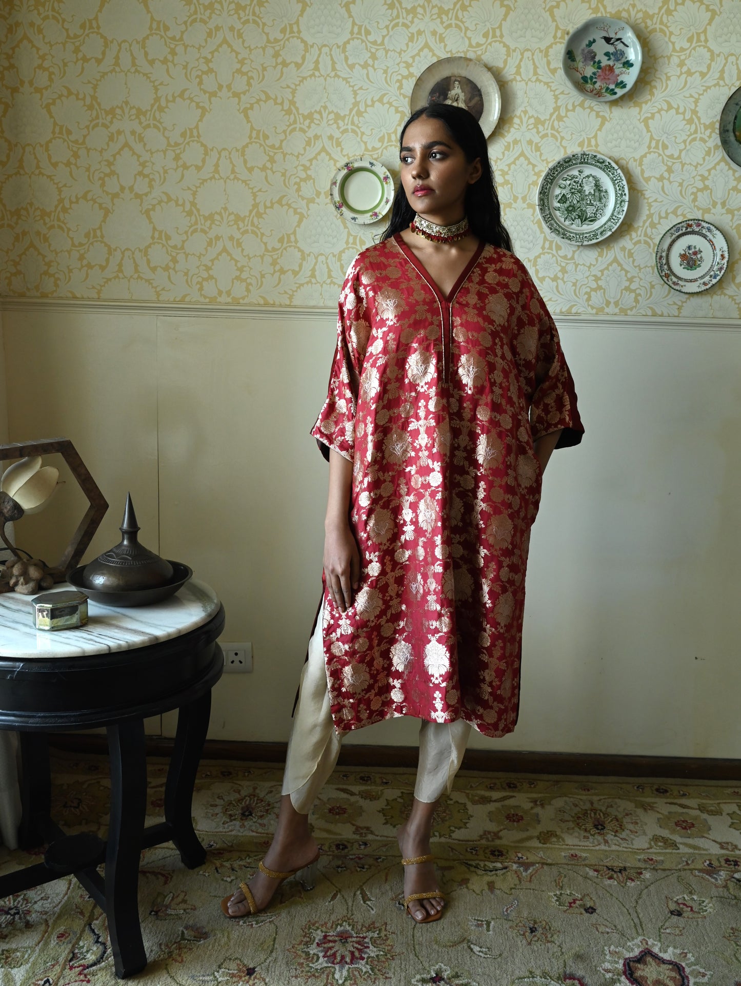 RajBaari kaftan in Red Tannu jaal with Chai Dhoti Pant