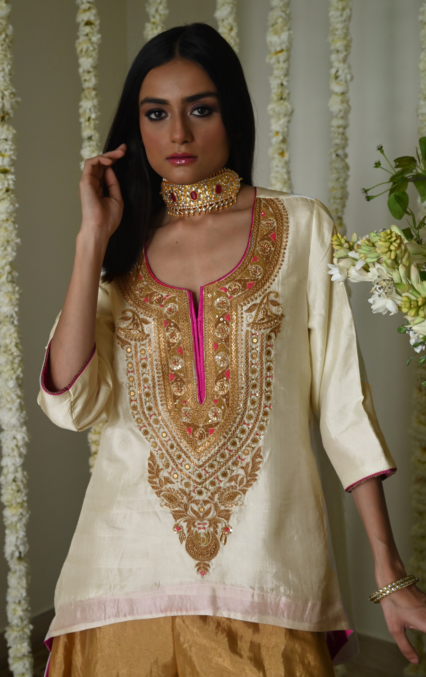 Begum kurta in Deep Ivory Silk with Gold Garara