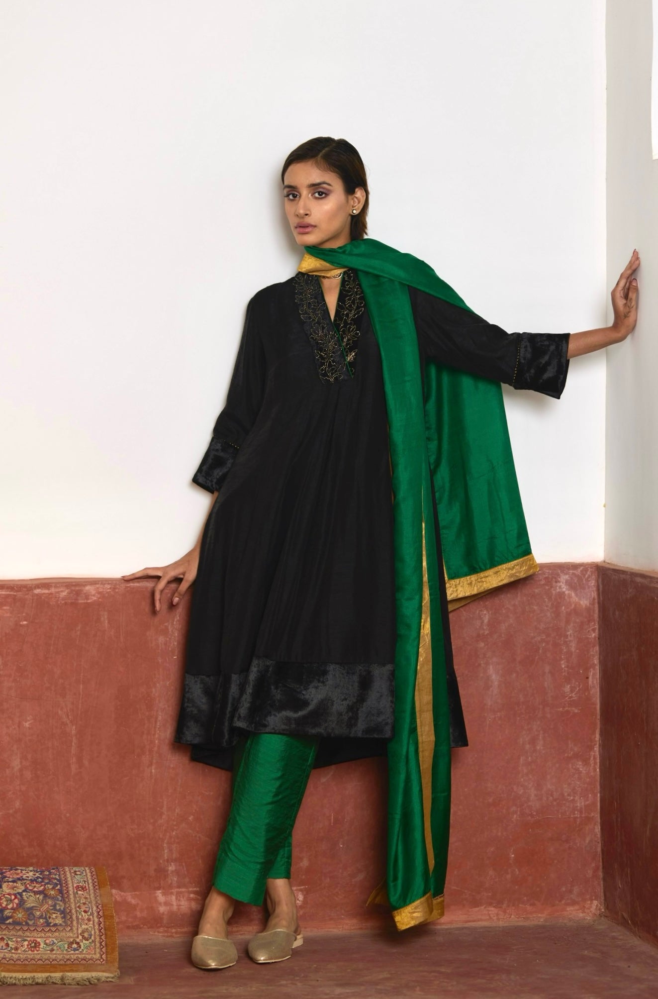Sashiko Kurta in Black Silk with Green Pant