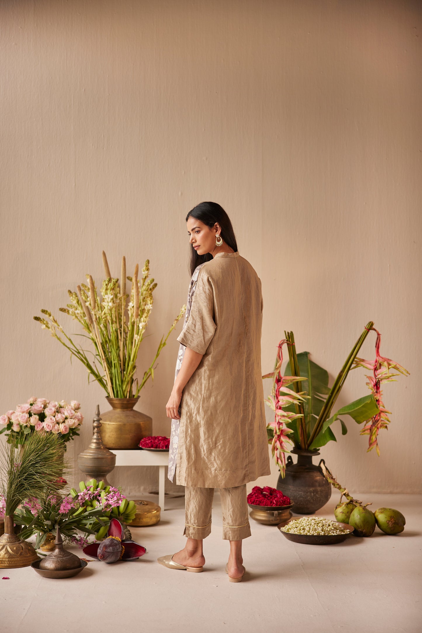 Shahi Kaftan in Grey Brocade with Champagne Grey Tissue Pant