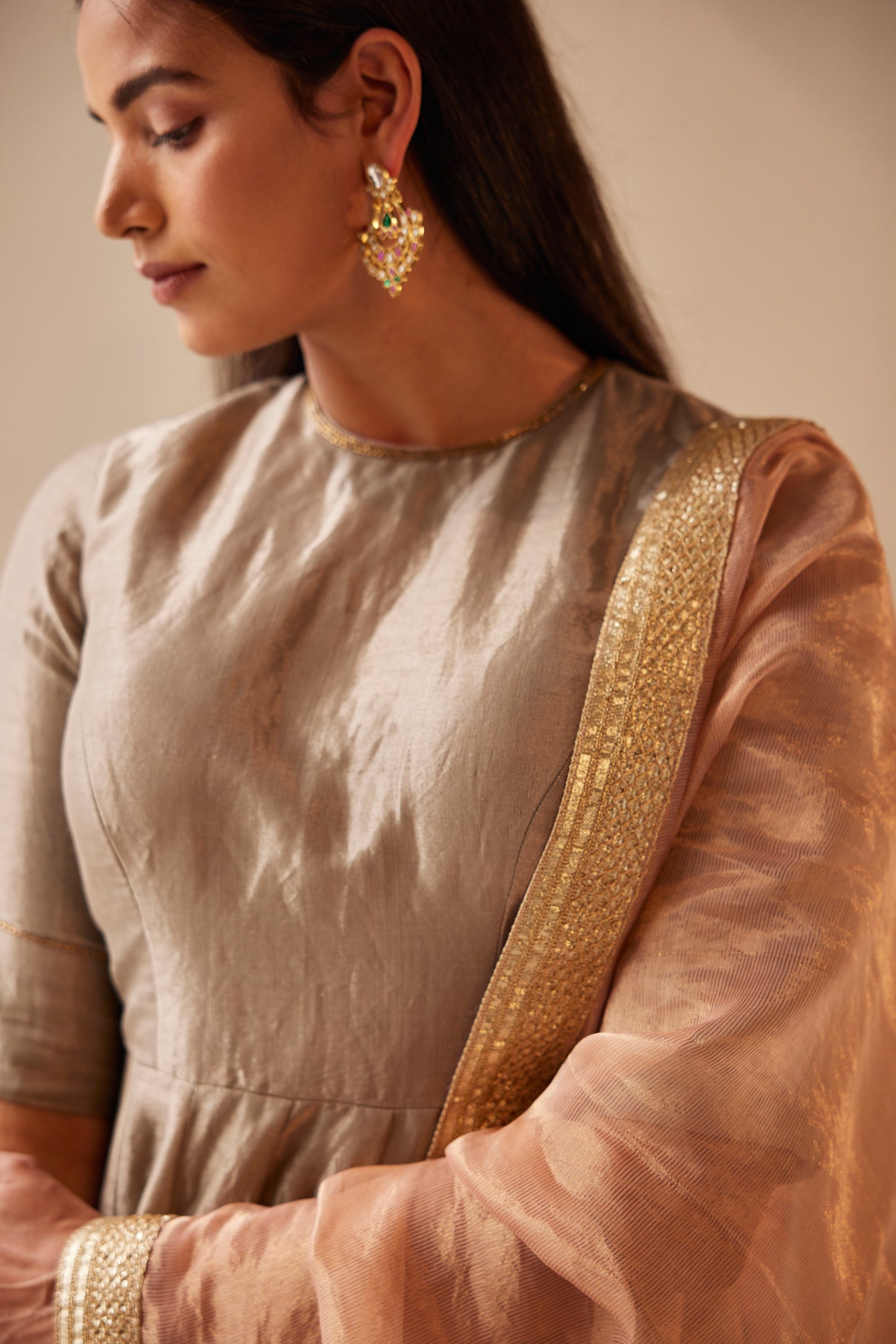 Dupatta in Pink Tissue Chanderi Stripes